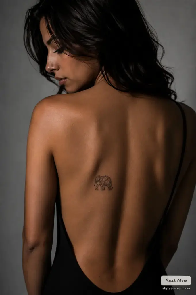 Geometric elephant back tattoo on woman, minimalist lower-back ink, wearing low-back black top