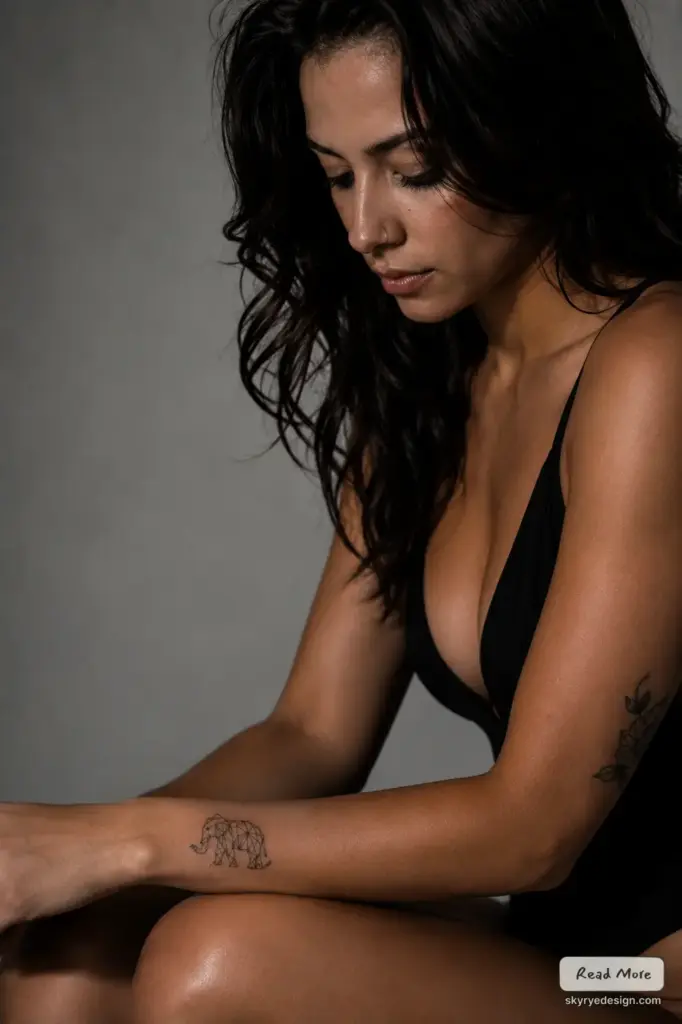 Side-profile woman in black swimsuit with geometric elephant forearm tattoo and floral upper arm tattoo, moody lighting