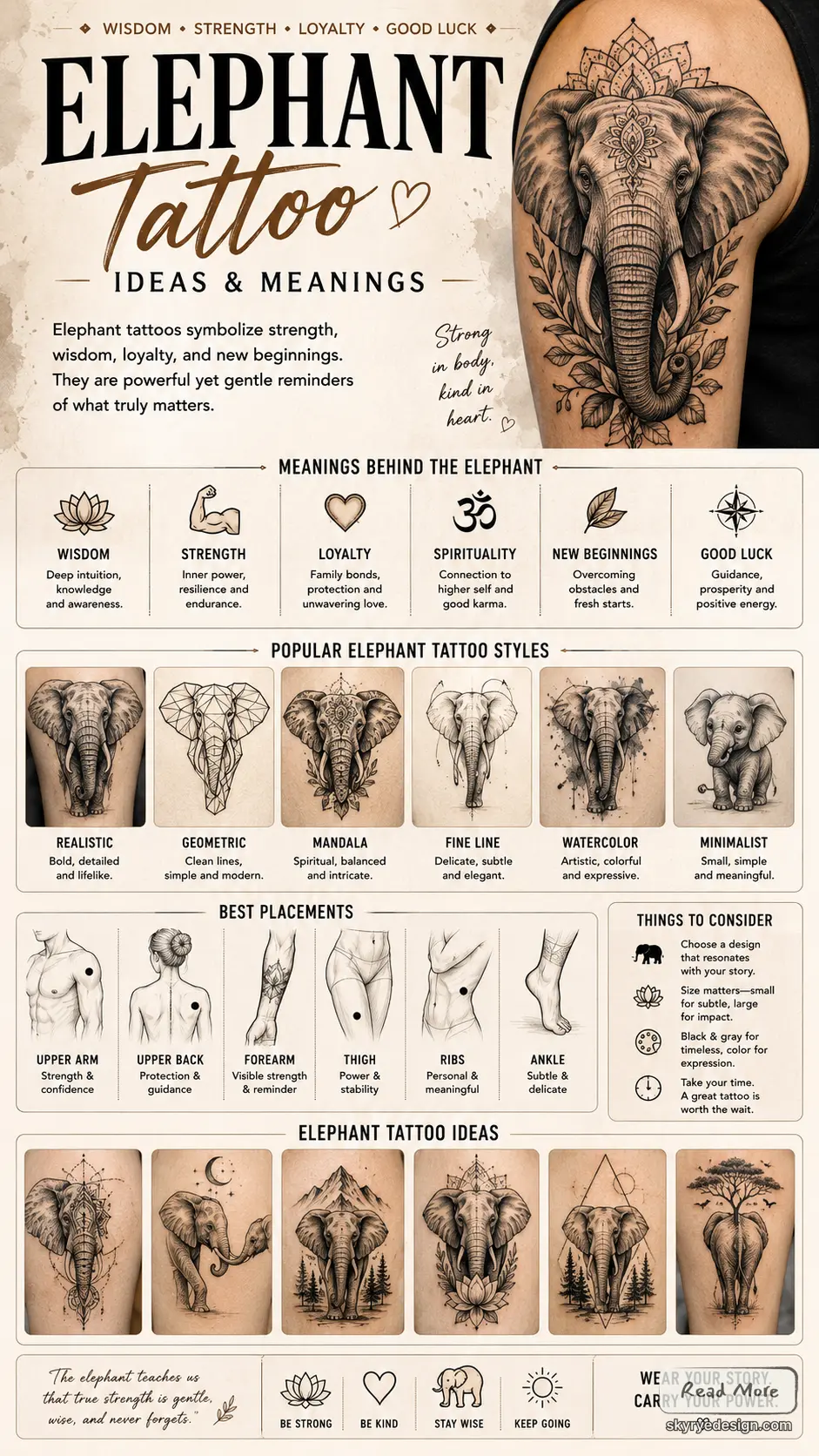Infographic: Elephant tattoo ideas, meanings, styles and placements — wisdom, strength, loyalty, new beginnings.