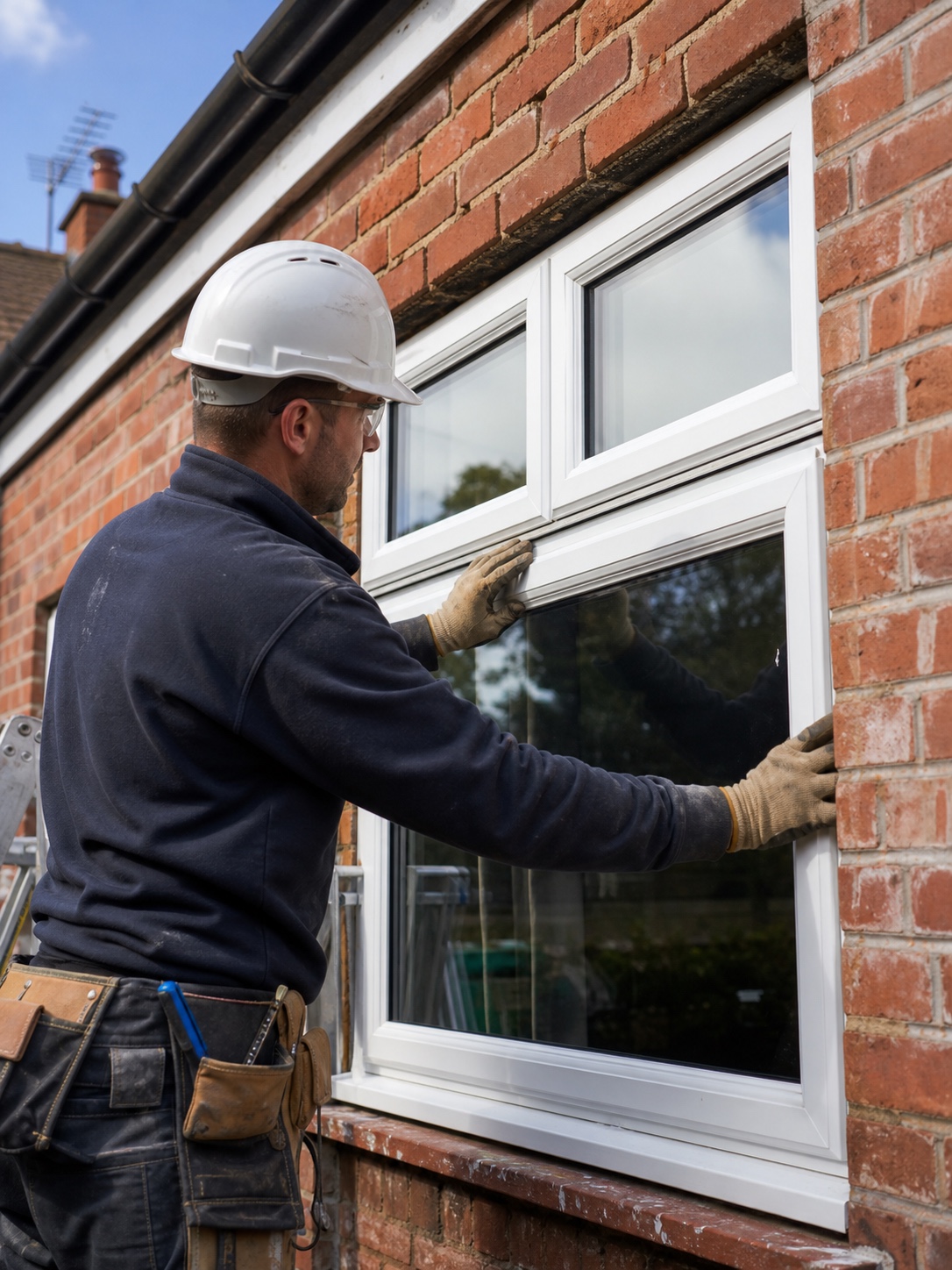 Worker installing a white double-glazed window into an aged red brick home exterior.