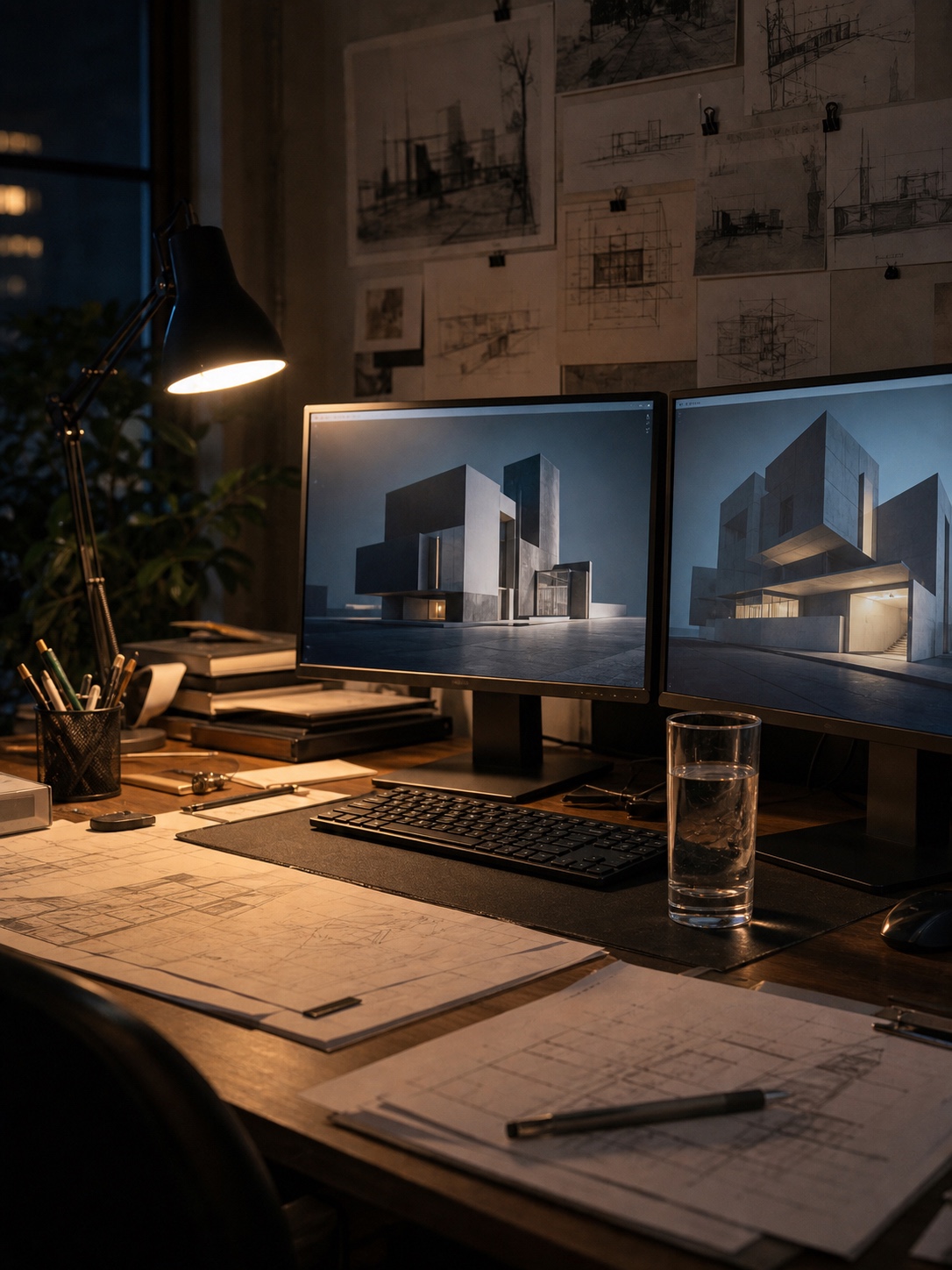 An evening architecture studio desk with monitors, pinned drawings, keyboard, and a glass of water.