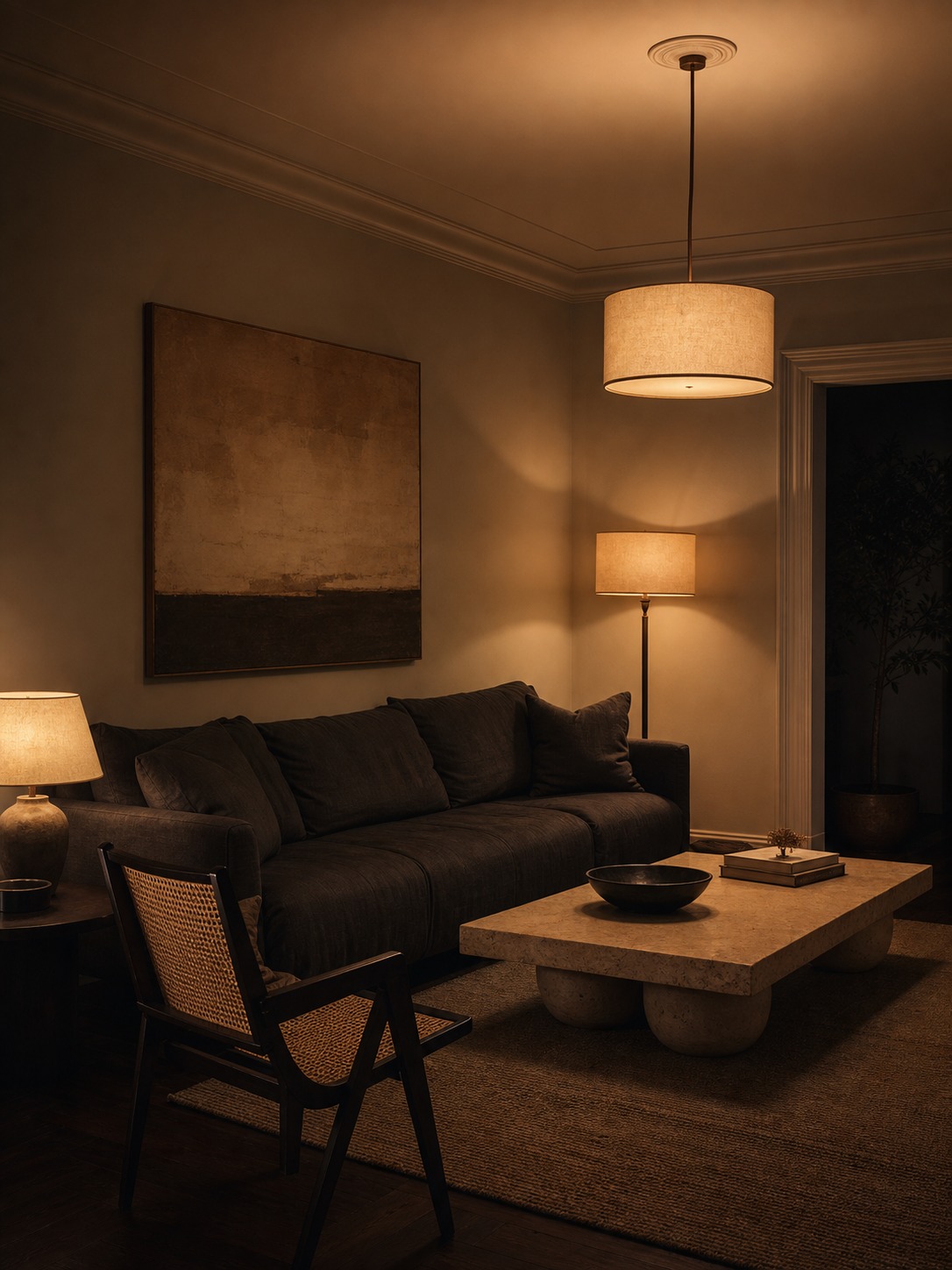 Evening living room render lit by warm lamps and a ceiling pendant, with charcoal sofa and dark timber floor.