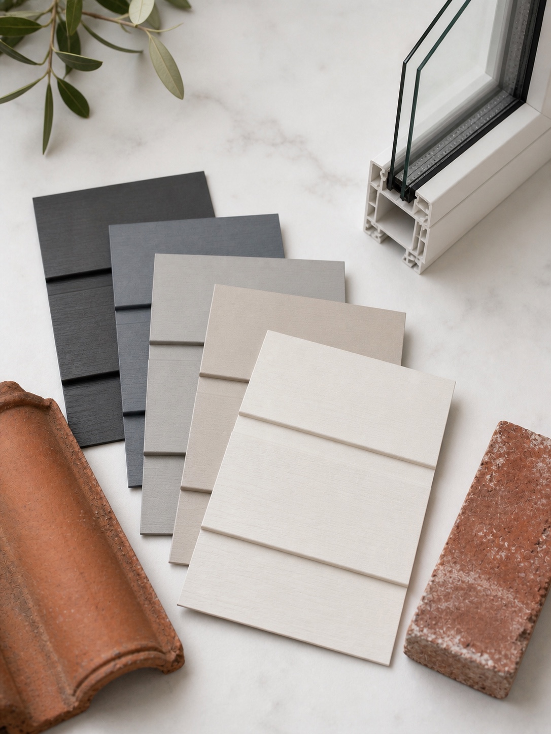 Exterior Color Swatches with Fixed Elements Exterior siding color swatches arranged beside roof tile, brick, and a window frame sample for palette planning. | Sky Rye Design Exterior siding color swatches arranged beside roof tile, brick, and a window frame sample for palette planning.