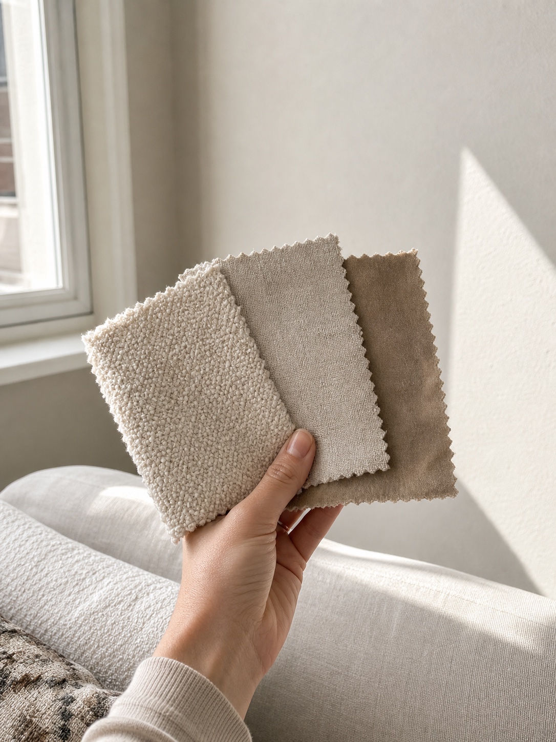 Fabric Swatches Testing in Natural Light A hand holds boucle, linen, and velvet fabric swatches against a wall in natural window light. | Sky Rye Design A hand holds boucle, linen, and velvet fabric swatches against a wall in natural window light.