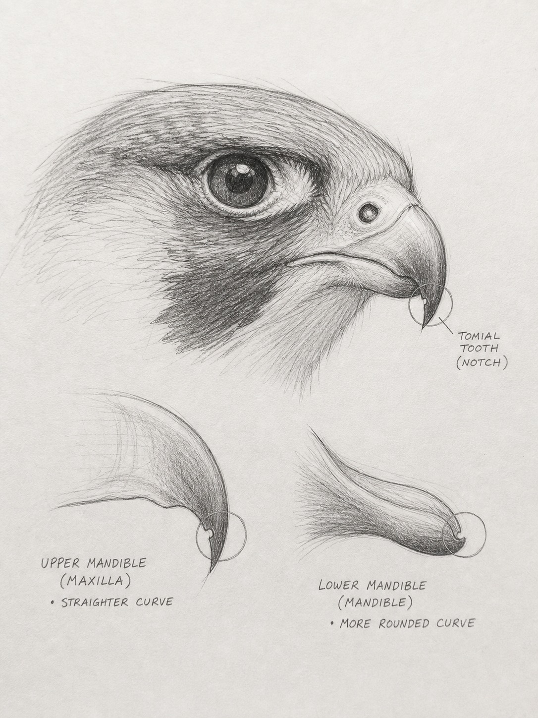 Falcon beak pencil study showing the tomial tooth notch and mandible curves.