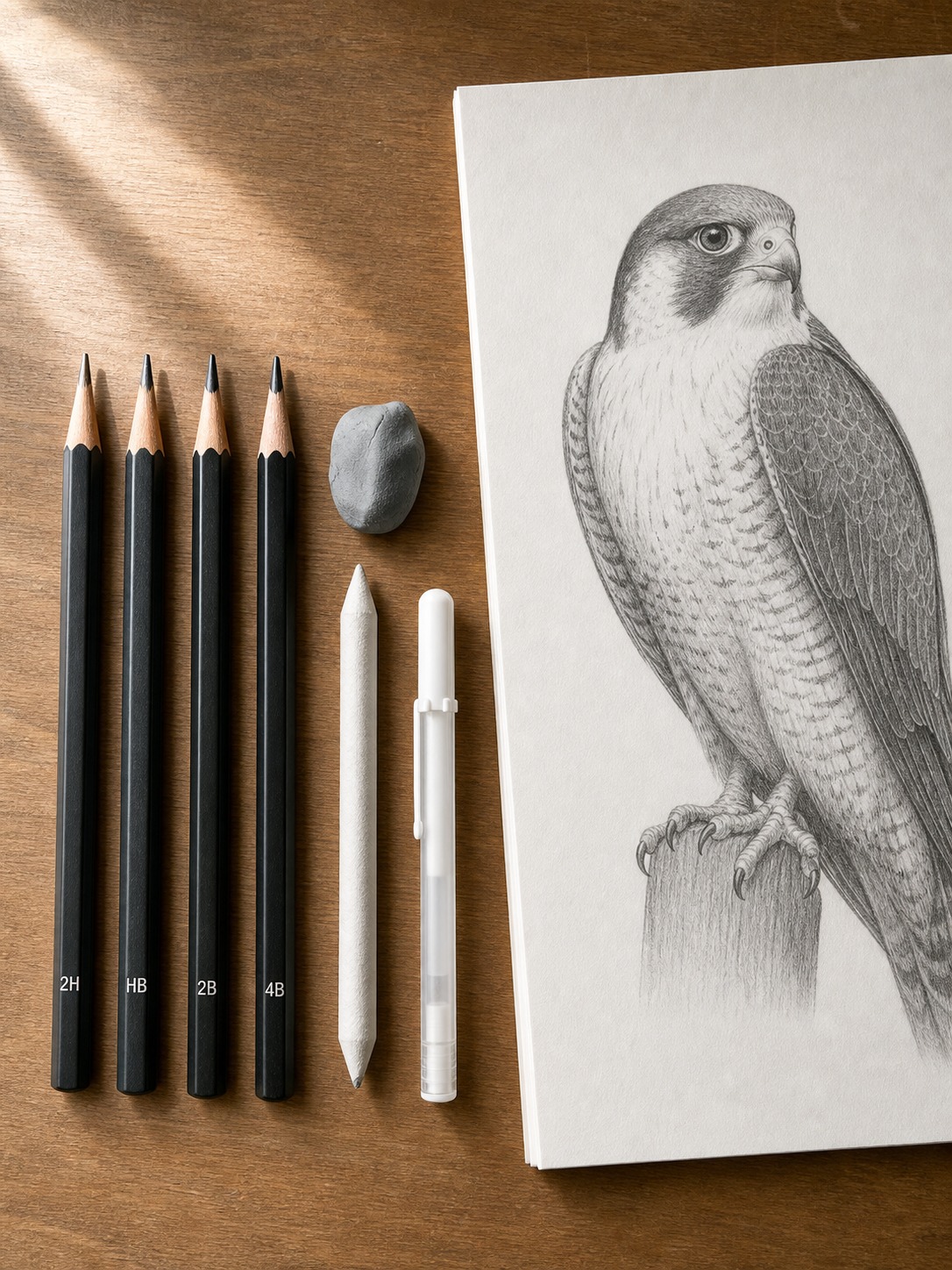 Flat lay of pencils, erasers, blending stump, sketch paper, and white gel pen for a falcon drawing tutorial.