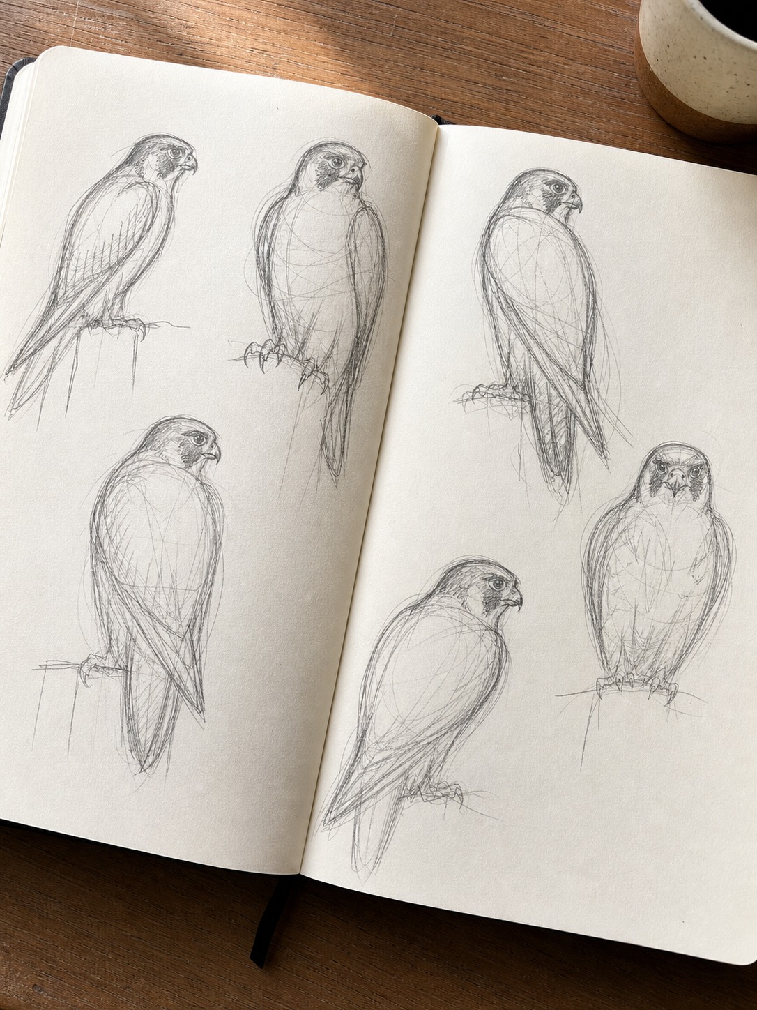 Open sketchbook with quick gesture studies of perched peregrine falcons.