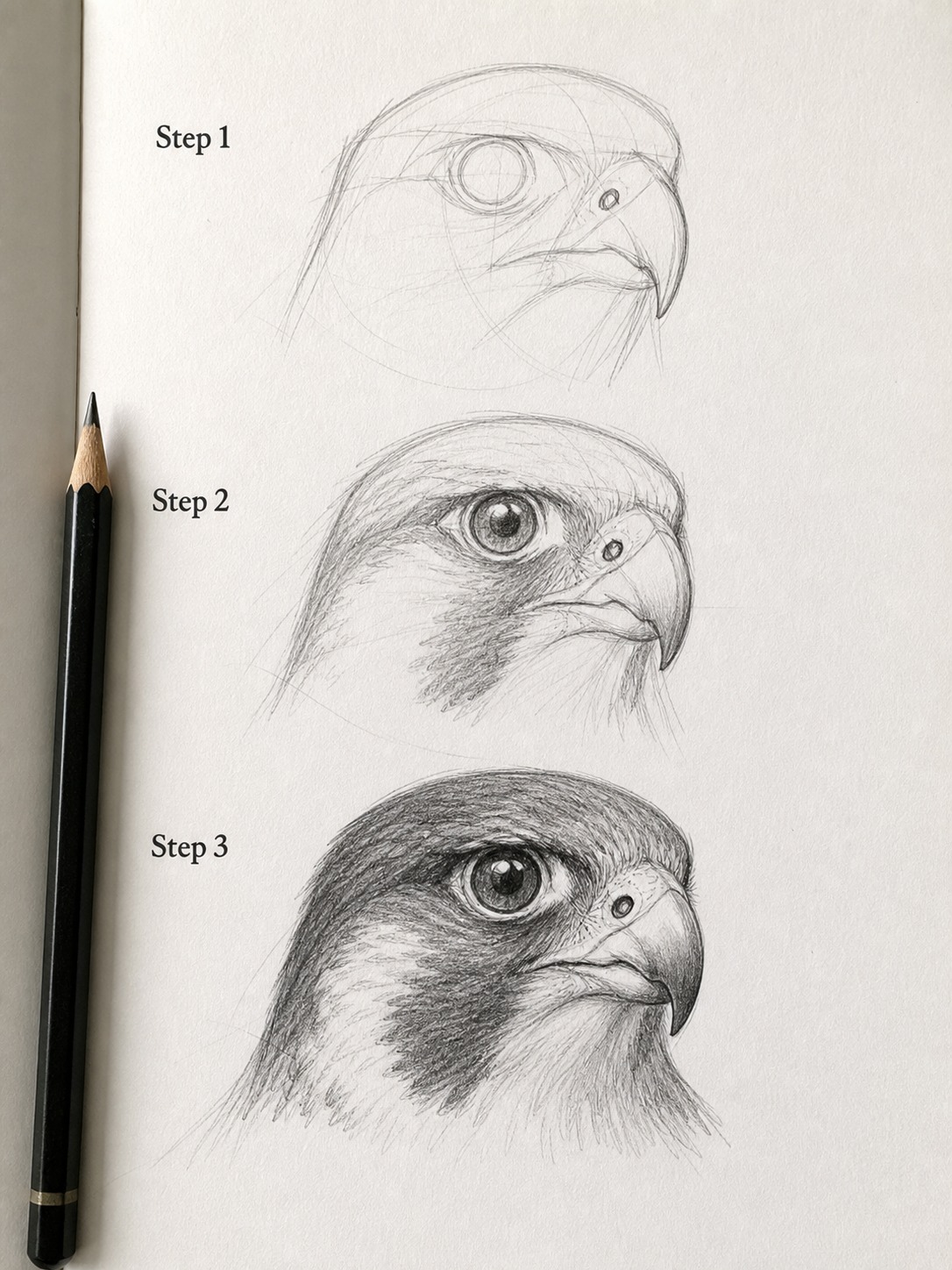 Three-step tutorial image showing a falcon head and hooked beak drawing from outline to detail.