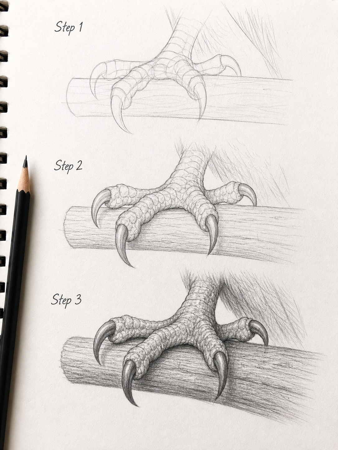 Three-step tutorial image showing falcon talons gripping a wooden perch.