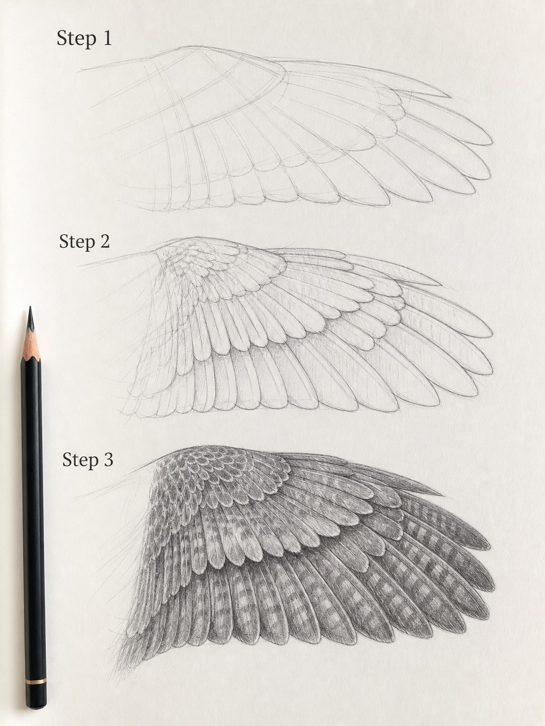 Three-step tutorial image showing layered falcon wing feathers from construction lines to finished shading.