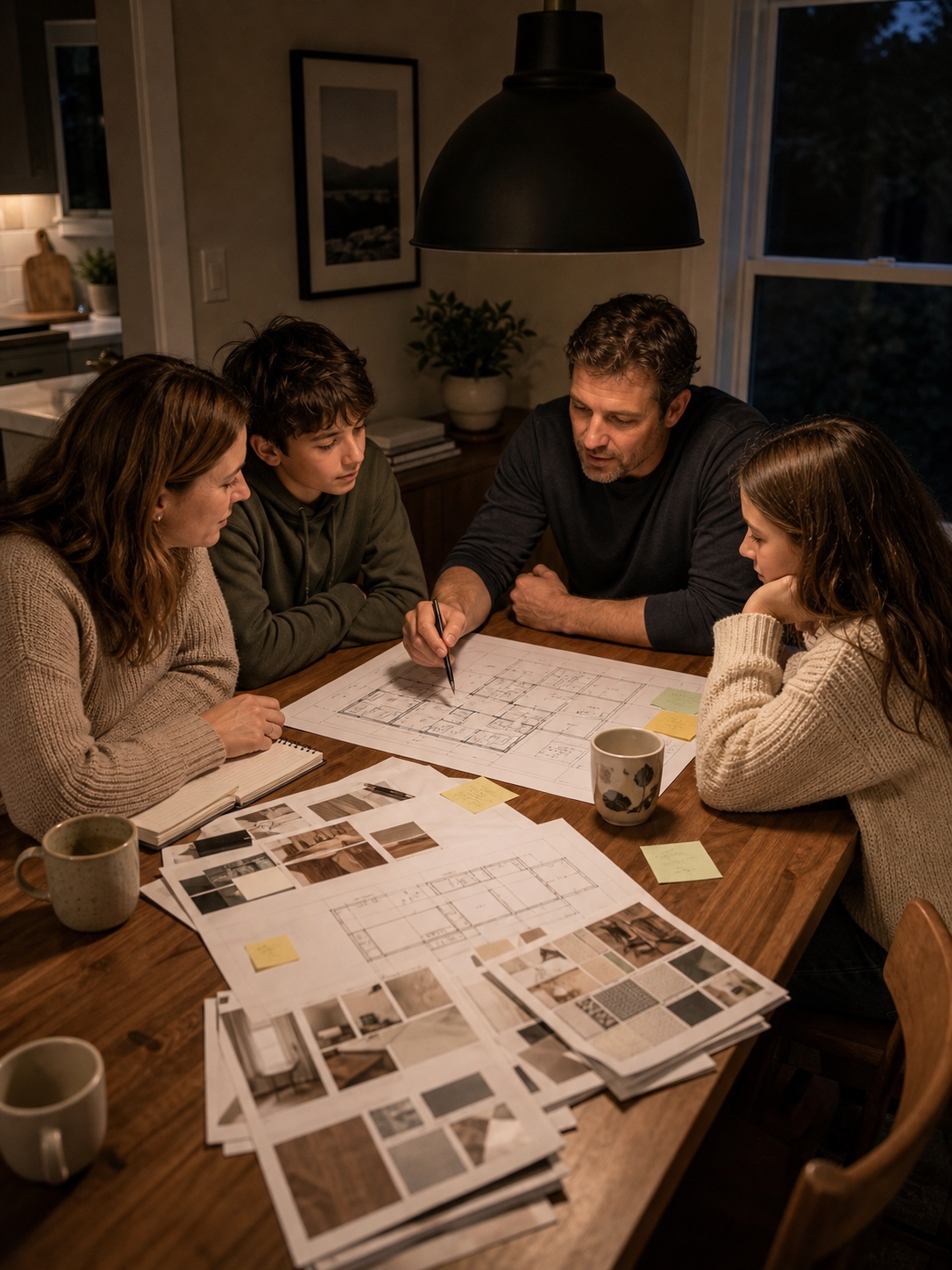 Family gathered at a dining table reviewing printed floor plans and design mood boards with sticky notes.