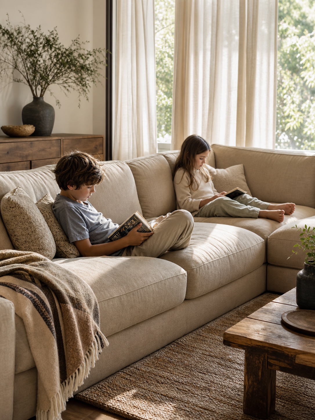 Relaxed family living room with a deep-seat custom sofa used for everyday reading and lounging.