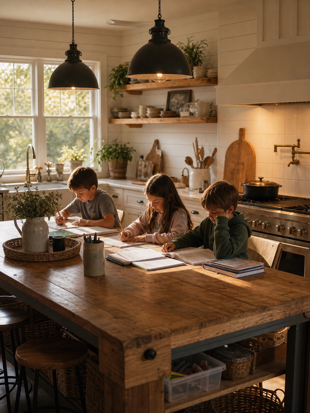 Warm farmhouse kitchen where children work at a wide wooden island under pendant lights.