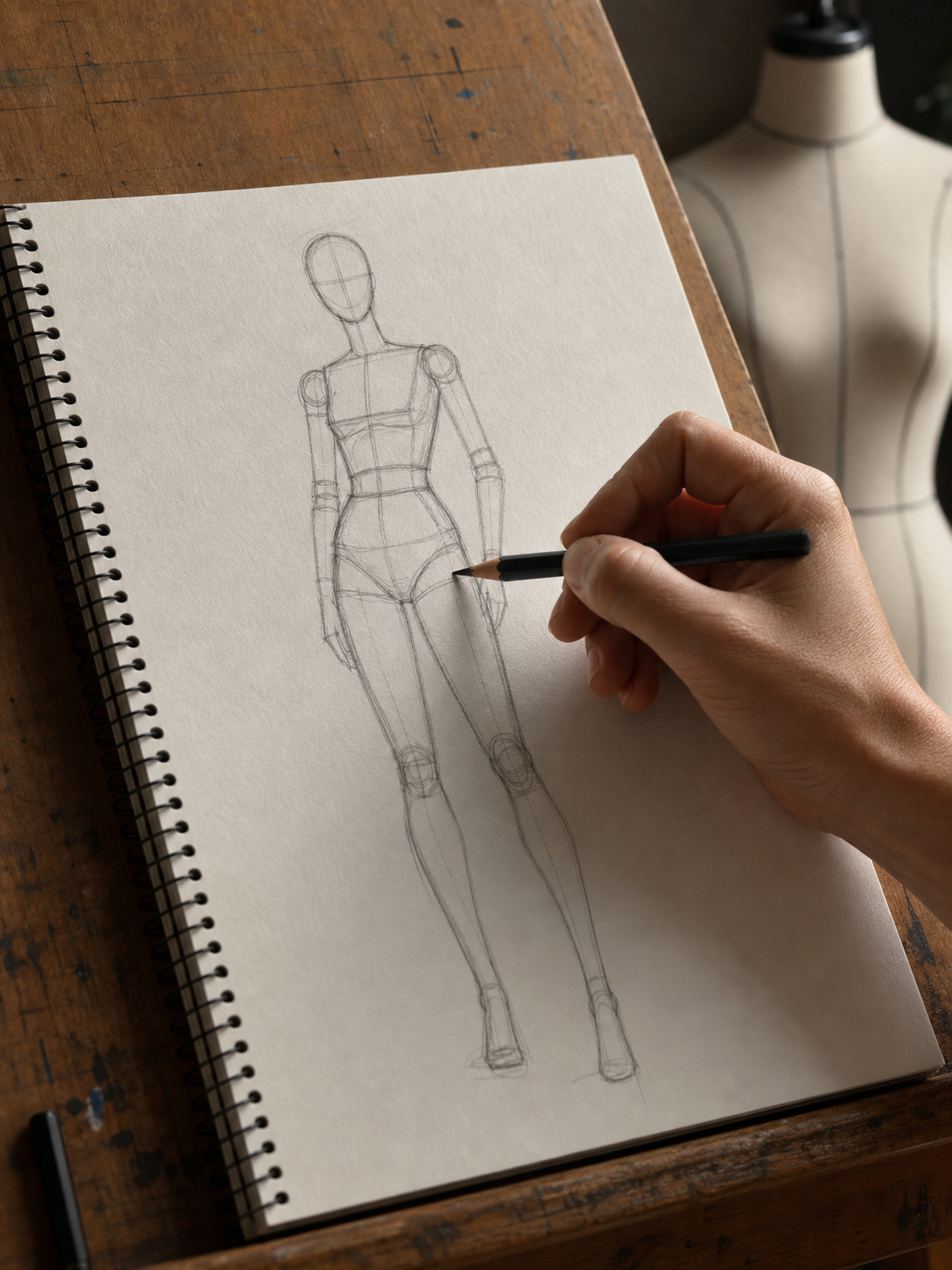 Artist drawing a female figure with geometric torso, hip, arm, and leg construction forms in graphite pencil.