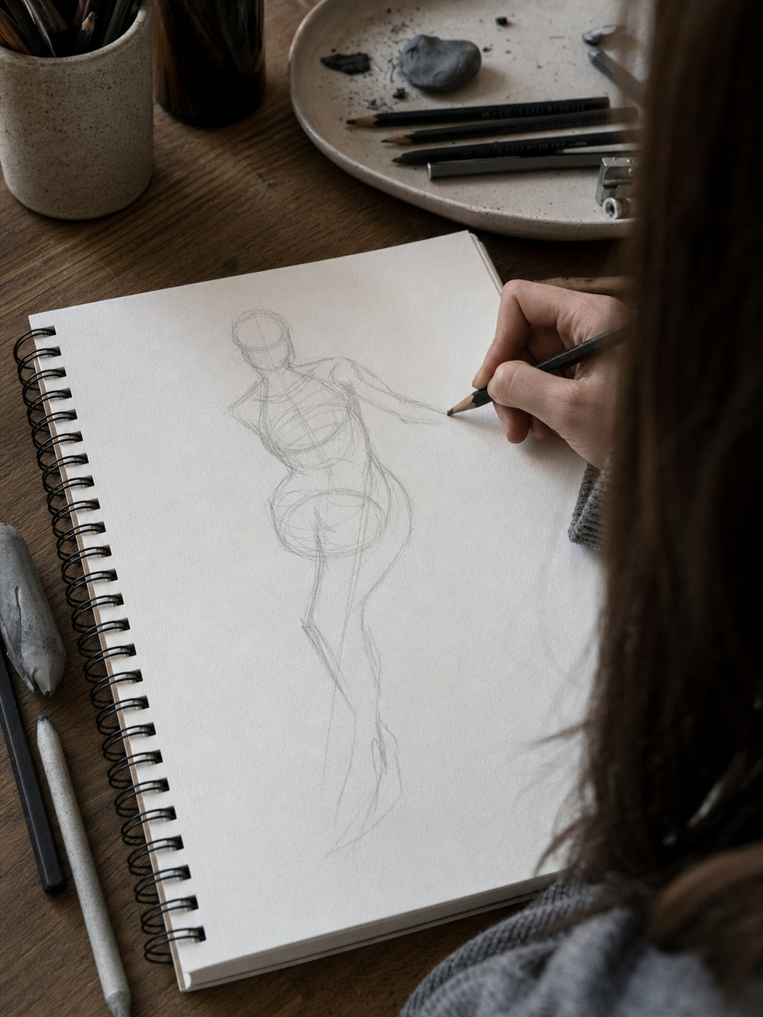 Artist sketching a female figure gesture drawing with rib cage and pelvis construction lines on textured sketchbook paper.