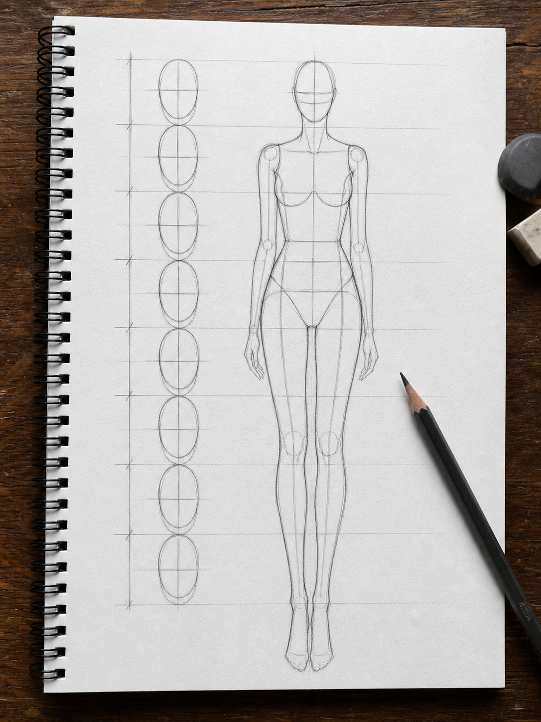 Sketchbook page showing a seven-head female figure proportion guide with graphite measurement lines and construction marks.