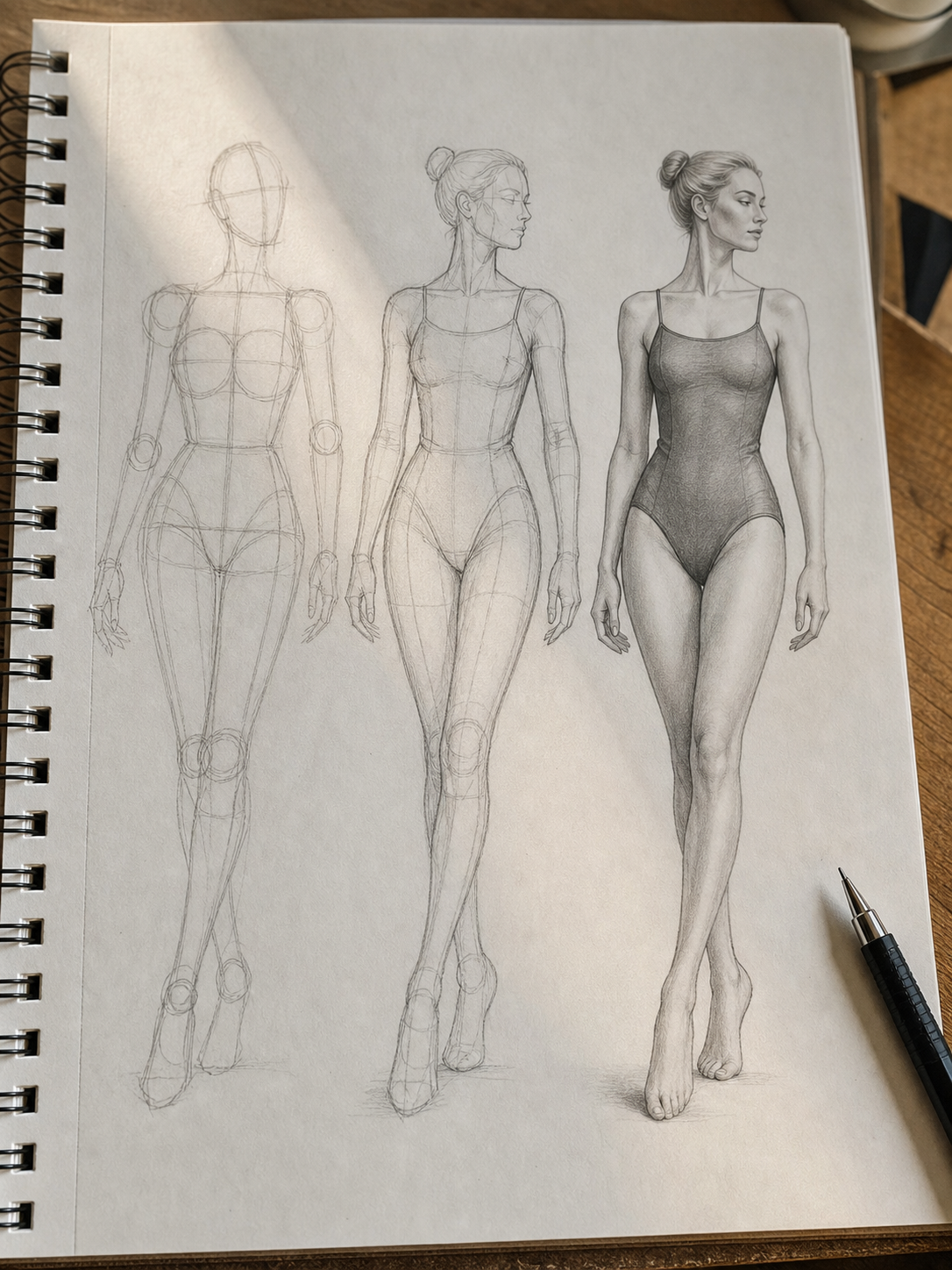 Three-stage female figure drawing process from loose construction sketch to refined graphite figure on sketchbook paper.