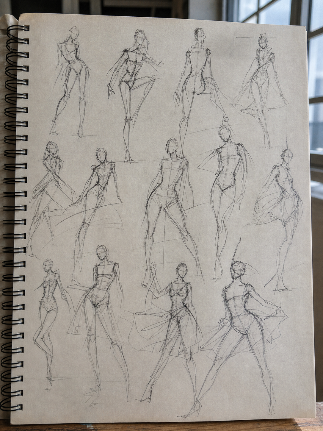 Sketchbook page filled with dynamic female gesture drawing poses, balance lines, and loose graphite movement studies.