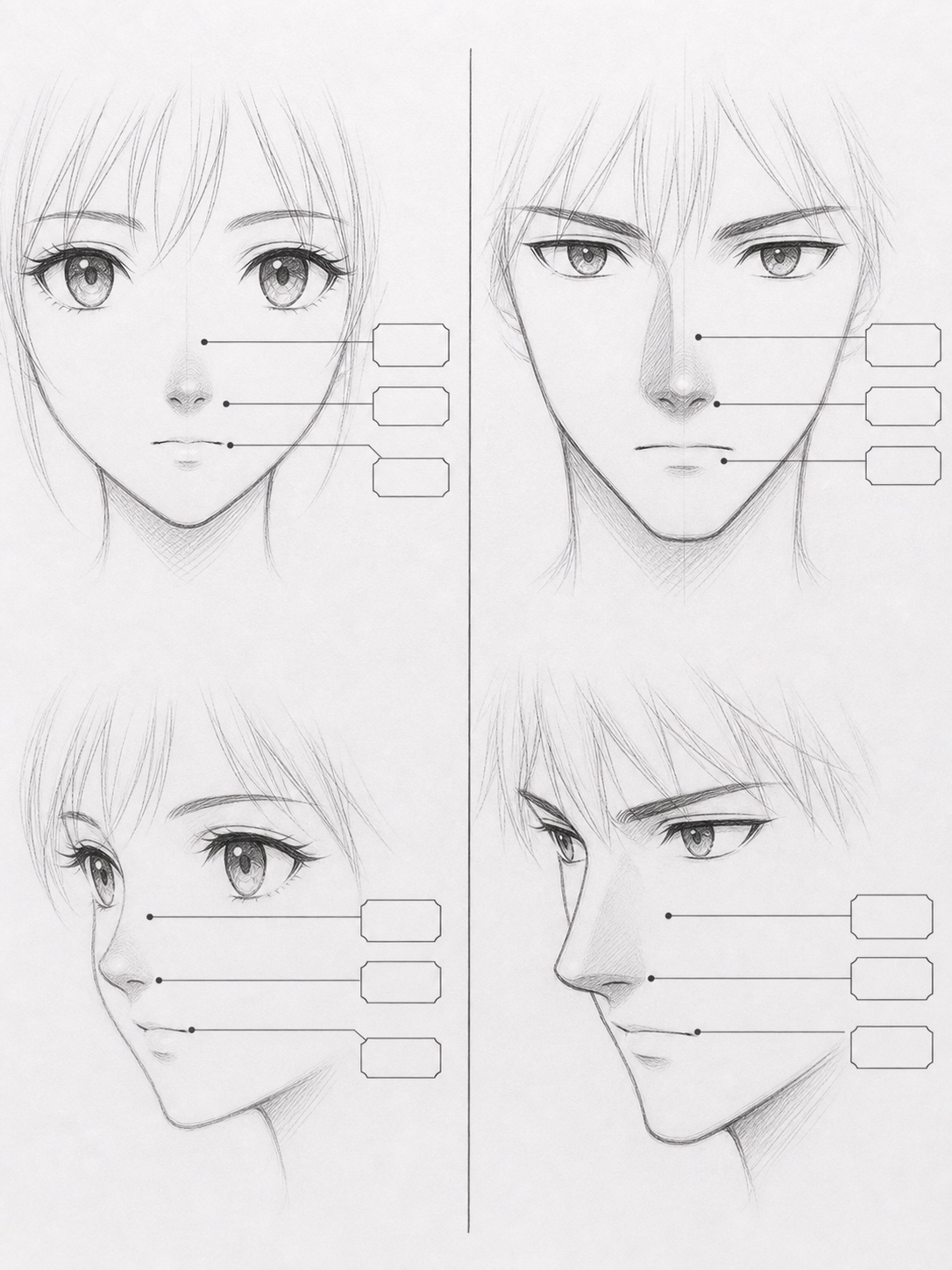 Split pencil study comparing softer female anime noses with sharper male anime noses.