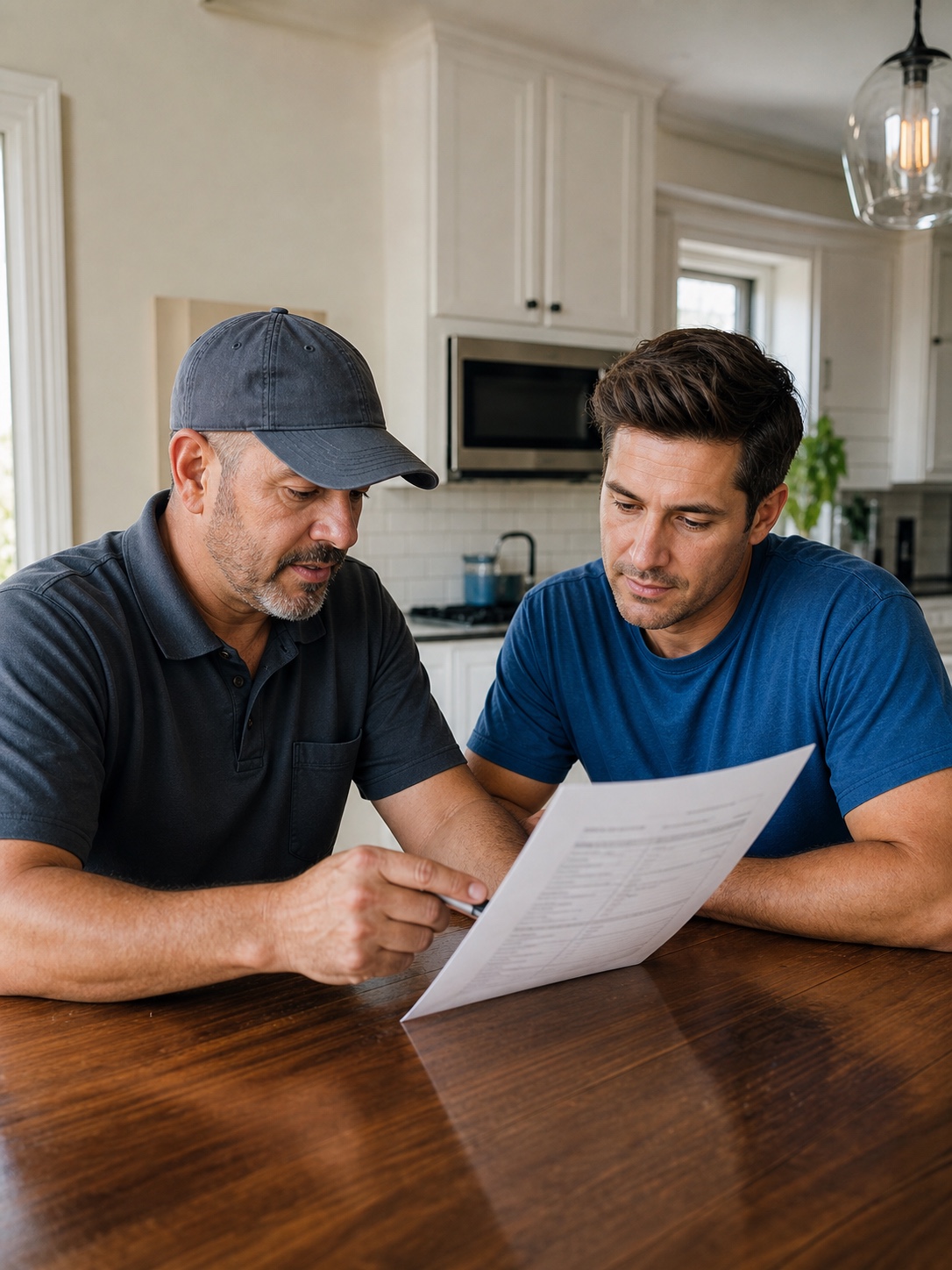 Fence contractor reviewing a written line-item quote with a homeowner