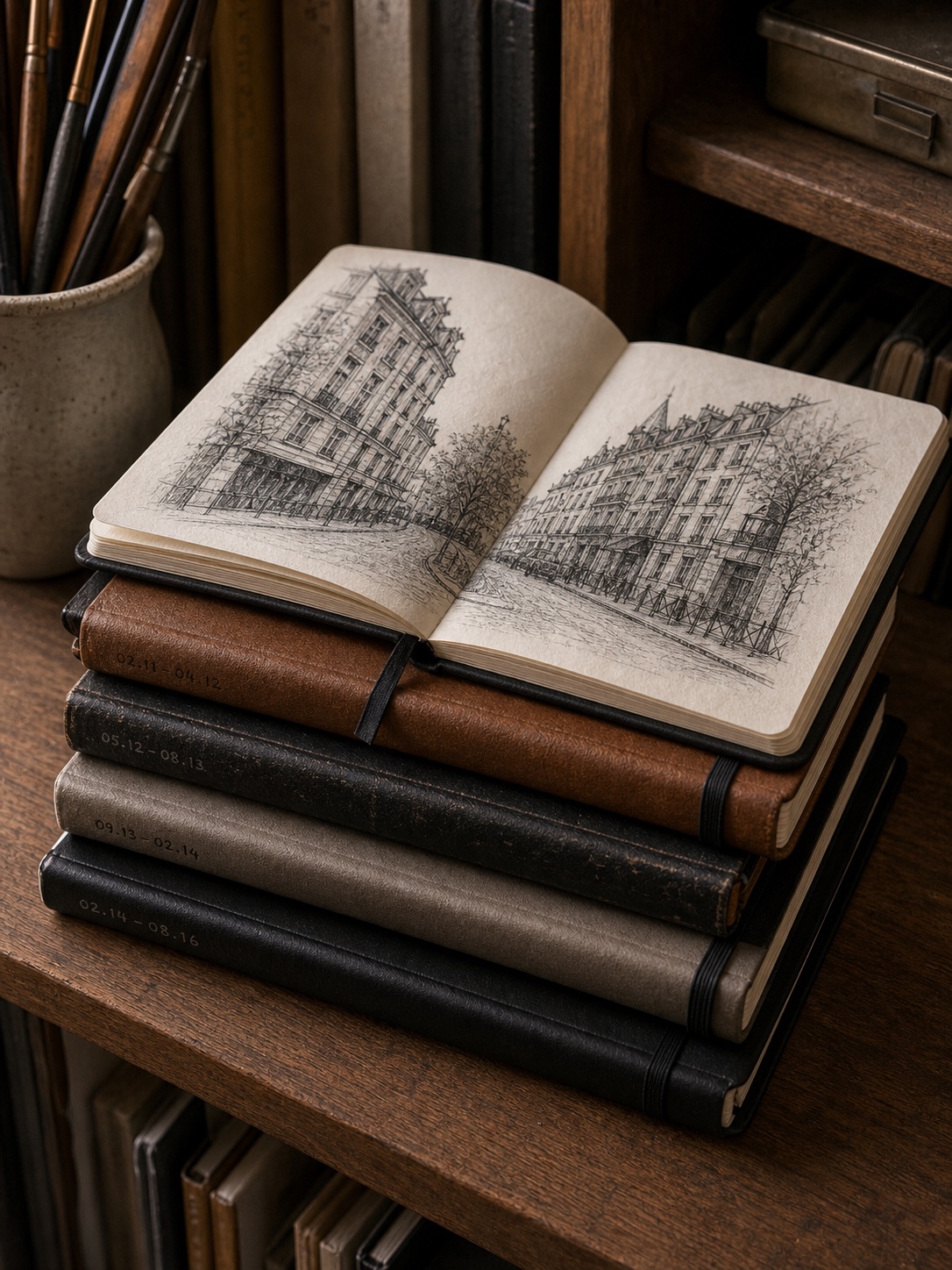 Stack of filled sketchbooks with handwritten dates and one book open to a finished drawing.