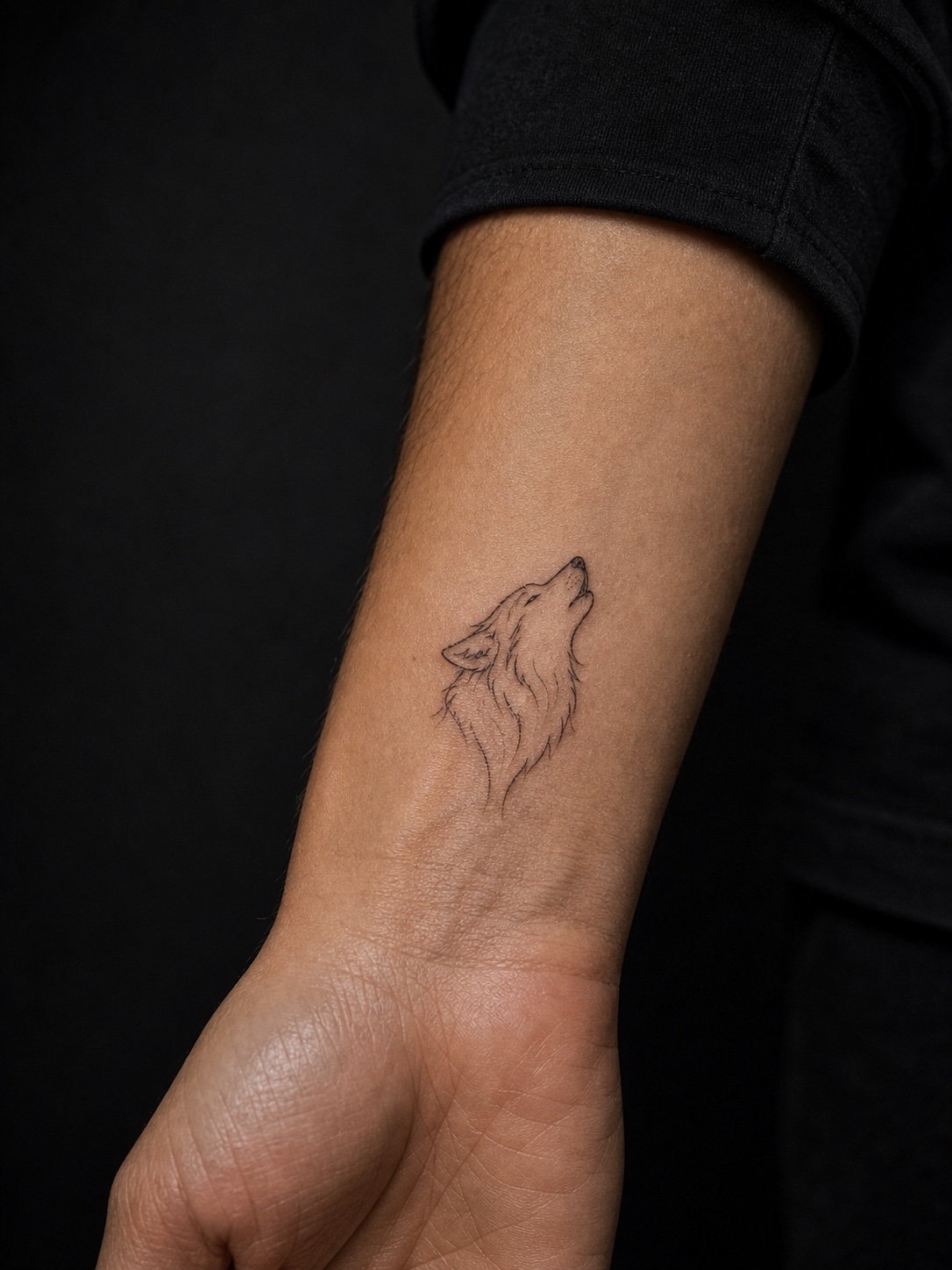 Small fine-line minimalist wolf tattoo on a wrist.