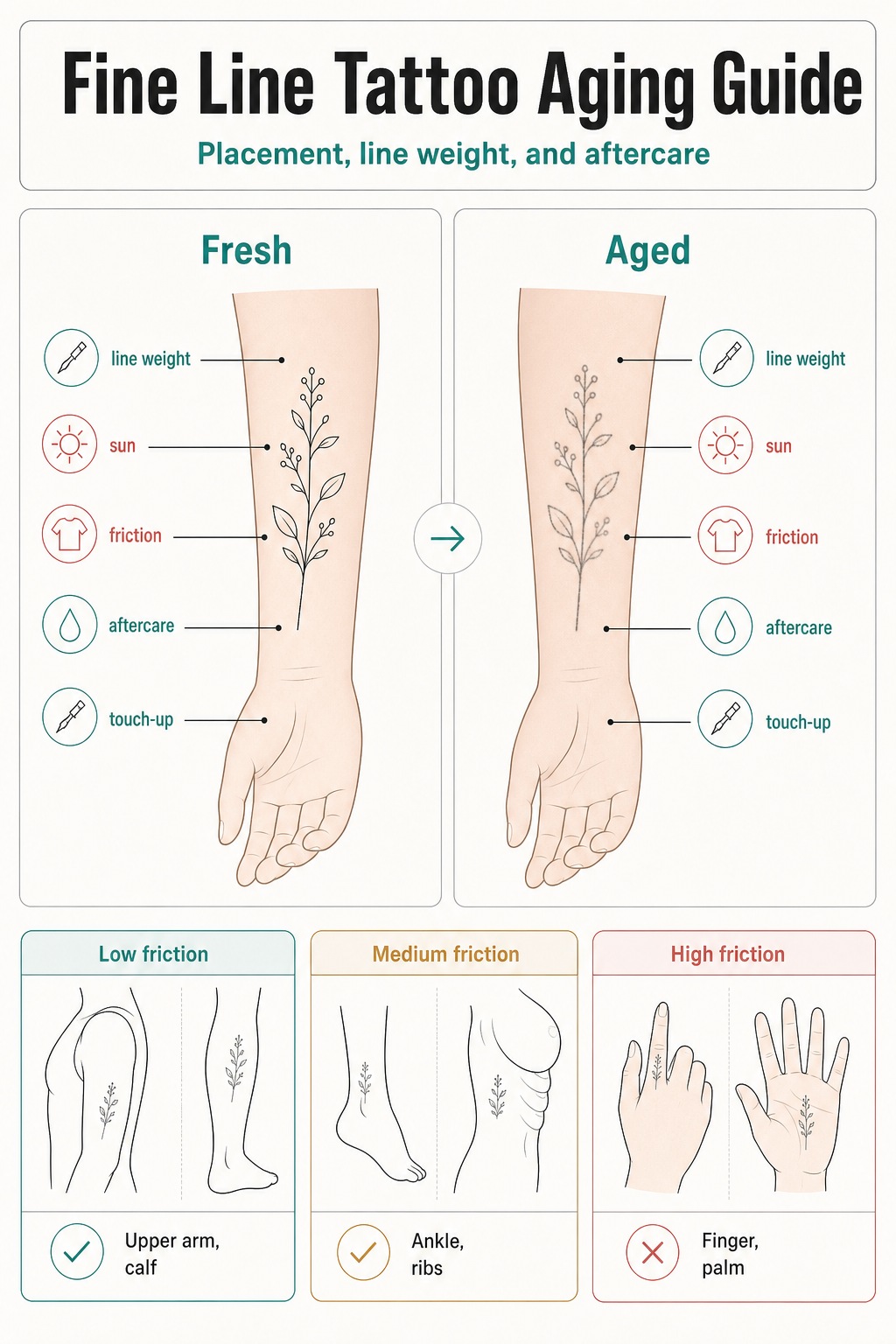 Fine line tattoo aging guide infographic Infographic comparing Fresh vs Aged fine-line tattoos on a leg, with icons for line weight, sun, friction, aftercare, and touch-up. | Sky Rye Design Fine line tattoo aging guide infographic comparing fresh and aged linework, placement risk, friction, sun exposure, aftercare, and touch-ups.
