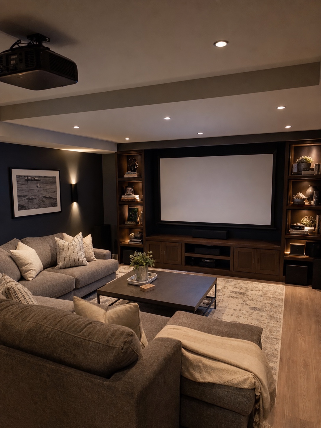 Finished basement remodeled as a home cinema with built-in shelving, recessed lighting, dark walls, and a sectional sofa.