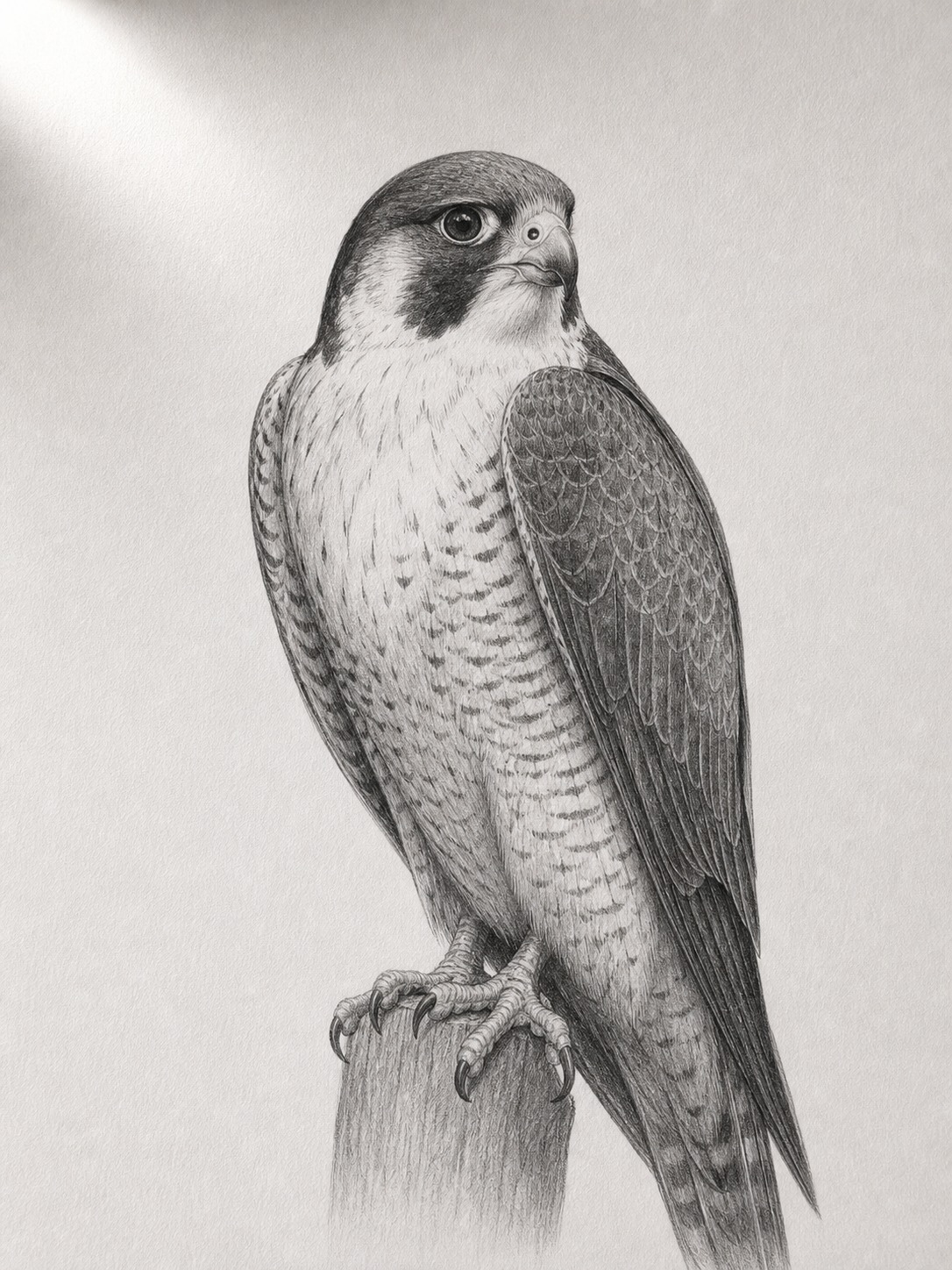 Finished graphite portrait of a peregrine falcon with compact head and dark facial mask.