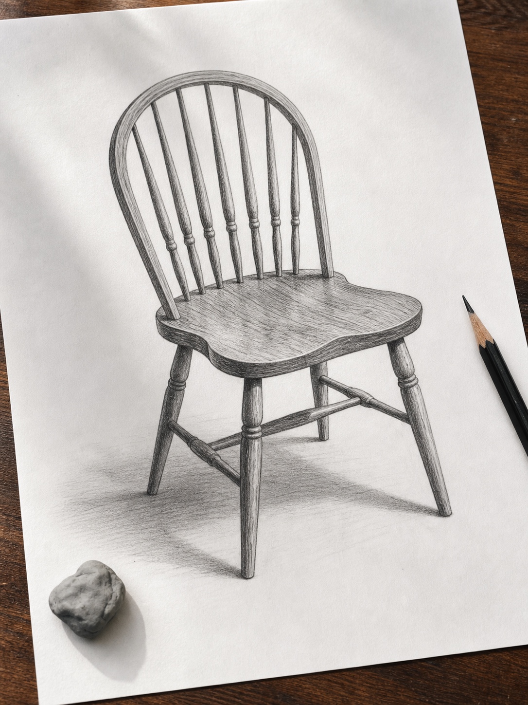 Finished Windsor Chair Cast Shadow Finished pencil drawing of a Windsor chair with a clear cast shadow and visible shading strokes. | Sky Rye Design Finished pencil drawing of a Windsor chair with a clear cast shadow and visible shading strokes.