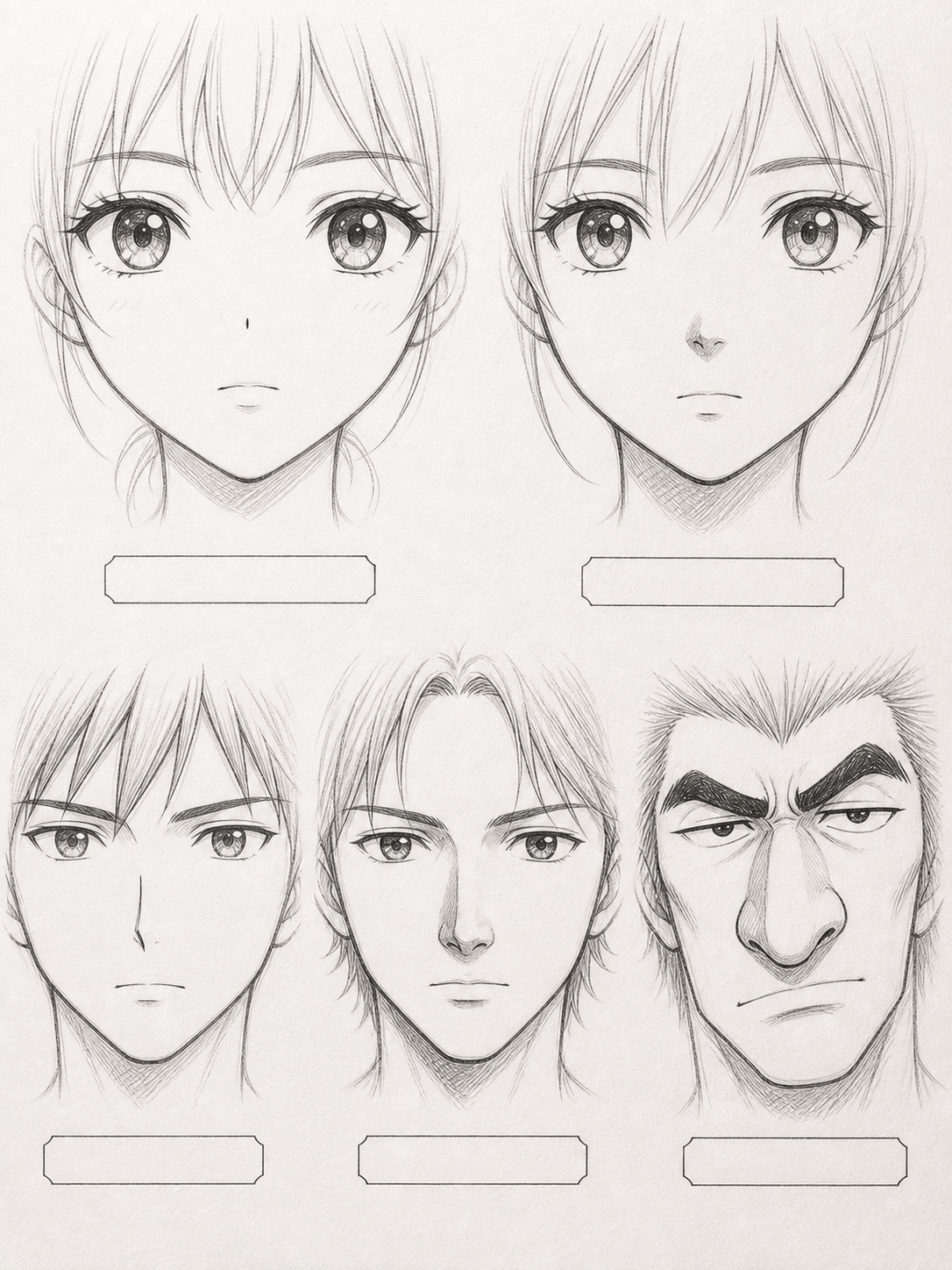 Comparison sheet showing five anime nose types from minimal dot to exaggerated stylized shape.
