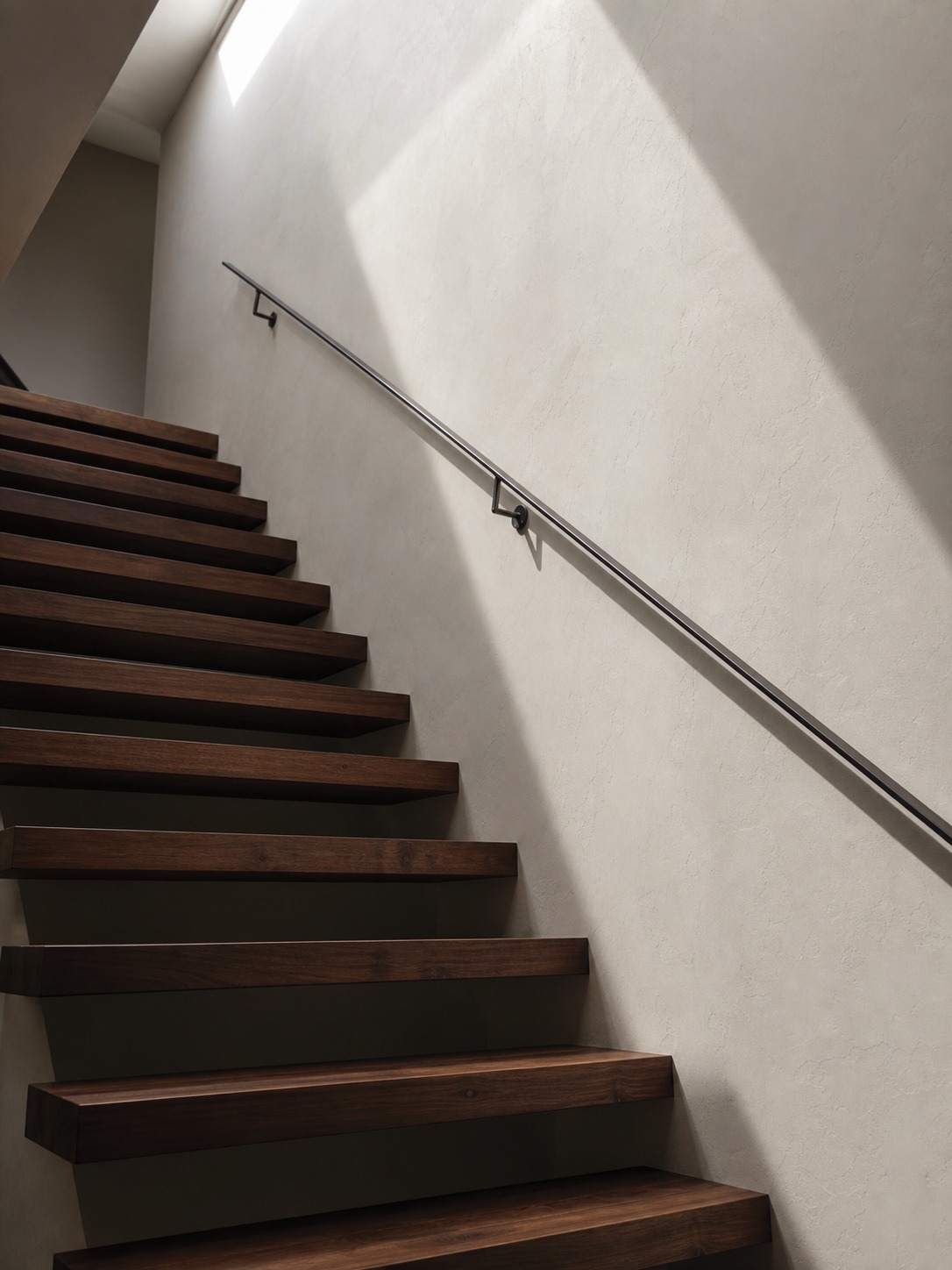 Interior staircase render with floating dark walnut treads, white plaster wall, steel handrail, and skylight shadows.