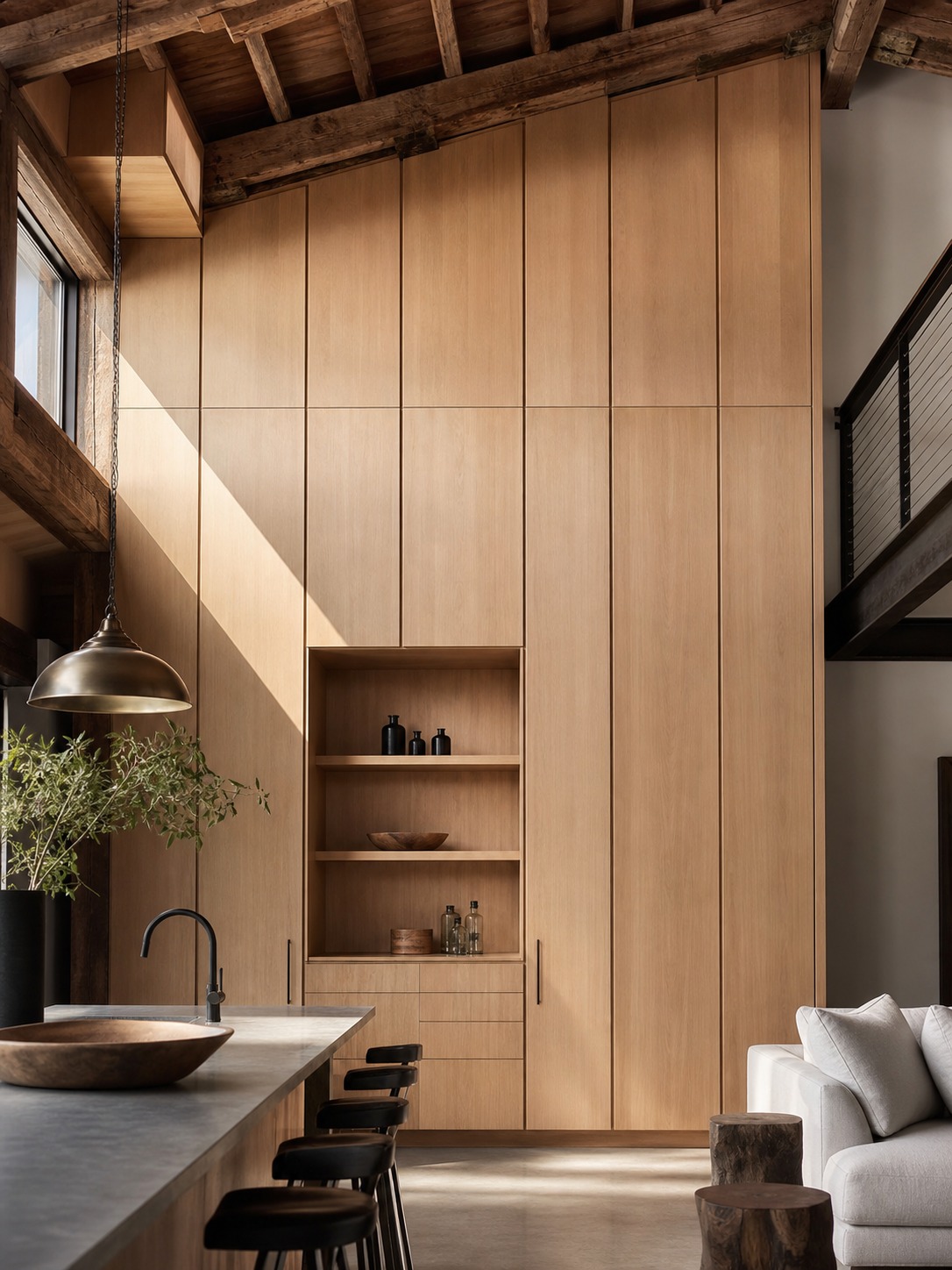 Tall oak storage columns reaching exposed timber beams in a high-ceiling loft kitchen.