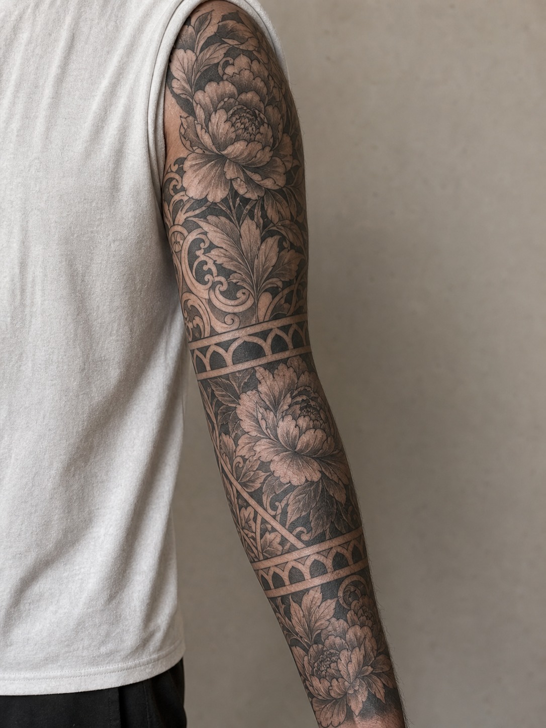 Floral ornamental sleeve tattoo for men Floral ornamental sleeve tattoo for men with peonies, leaves, and blackwork bands | Sky Rye Design Floral ornamental sleeve tattoo for men with peonies, leaves, and blackwork bands
