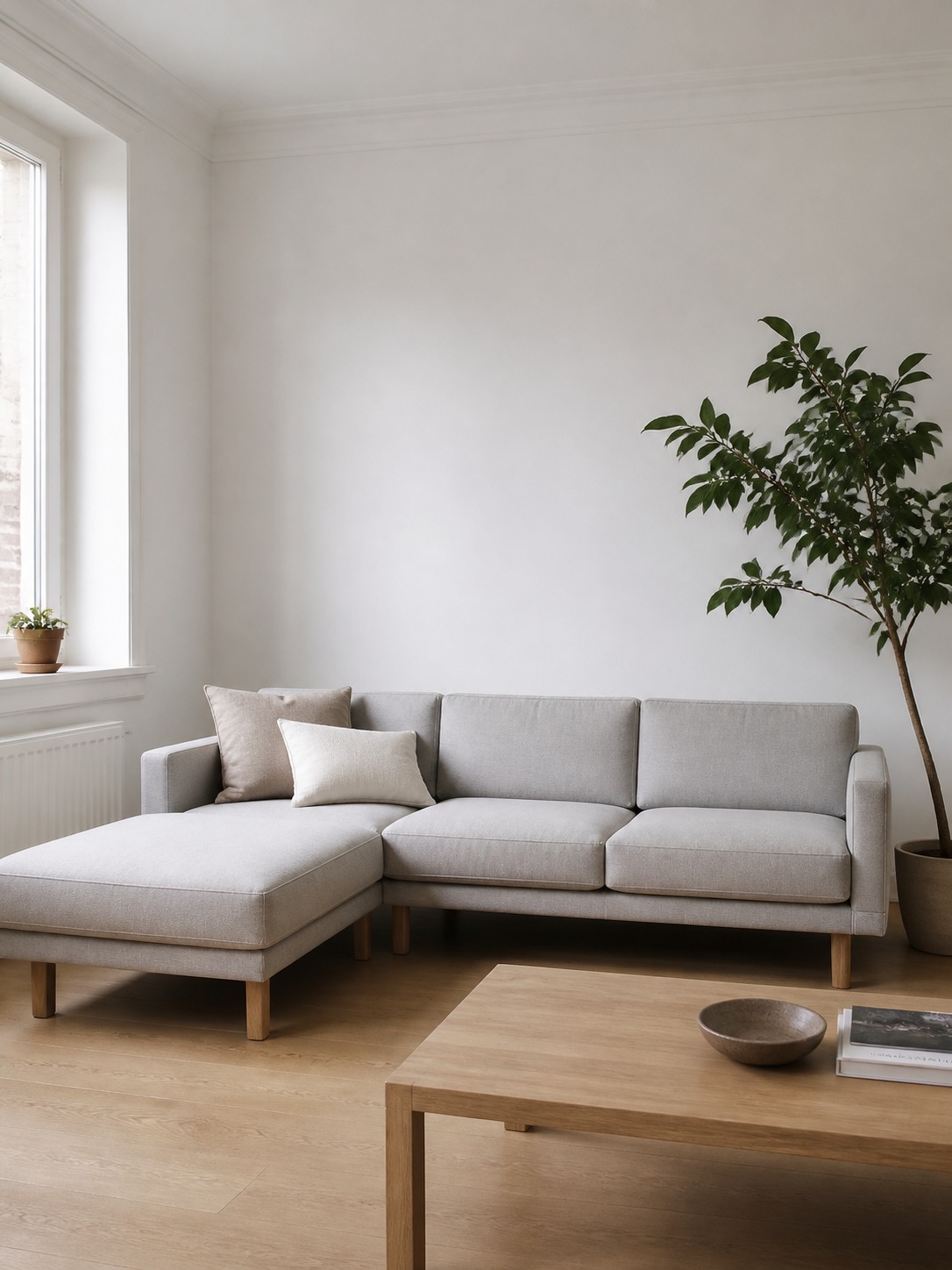 Light grey modular sofa on visible wooden legs in a minimalist Scandinavian-style living room.