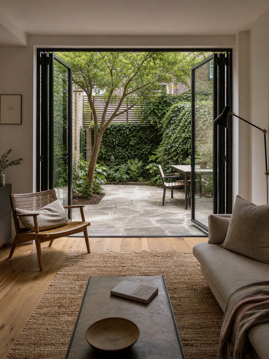 Compact living room opening to a private courtyard Full-width folding glass doors connect a compact living room to a small private courtyard garden. | Sky Rye Design Full-width folding glass doors connect a compact living room to a small private courtyard garden.