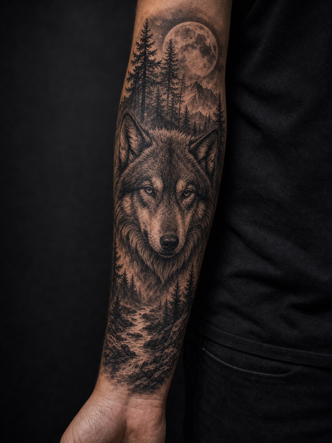 Forearm wolf sleeve tattoo with forest background.