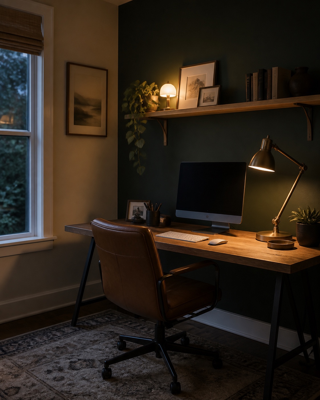 A home office with a deep forest green accent wall, wooden desk, shelf, and warm evening lamp light