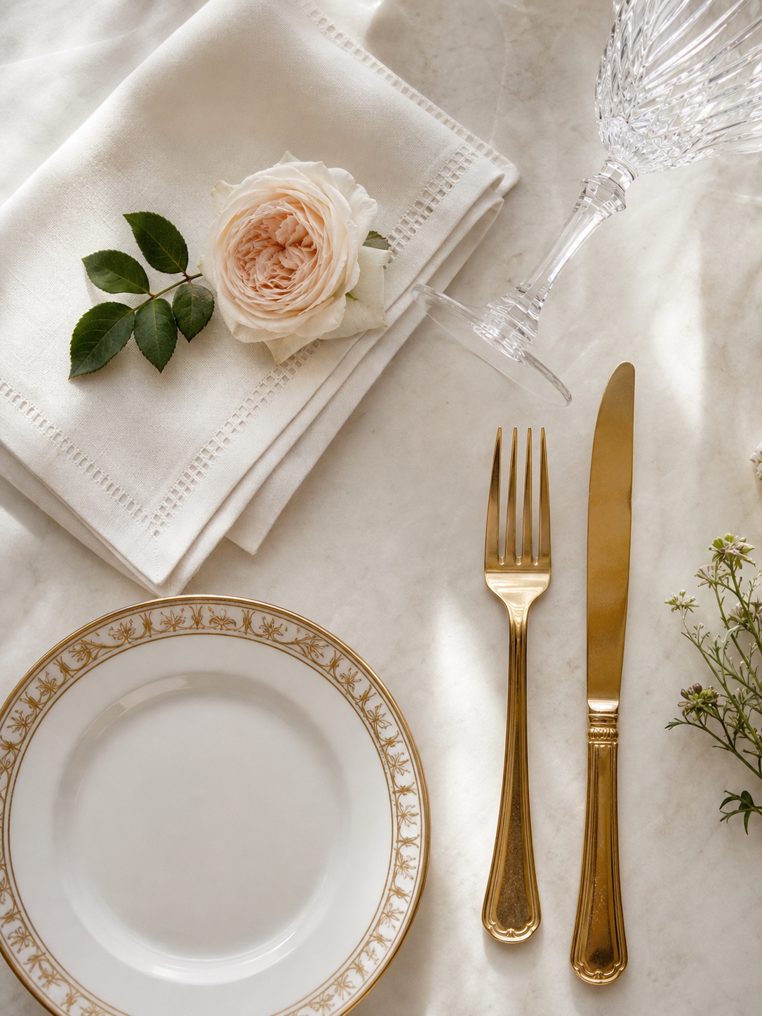 Flat lay mood board for a formal wedding table with white linen, gold flatware, crystal glass, and a garden rose.