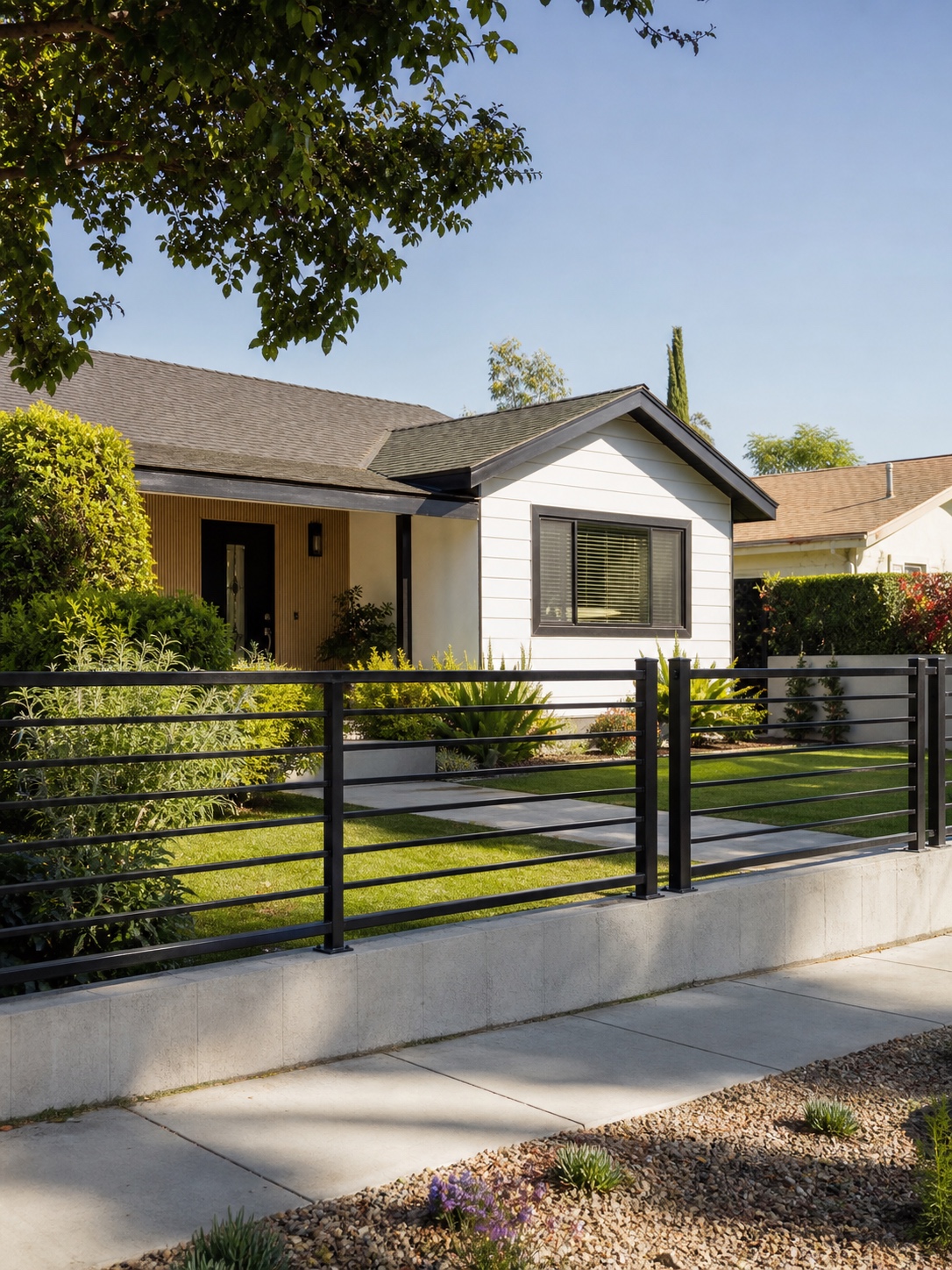 A 42-inch aluminum front yard fence shown in proportion to a single-story Van Nuys home