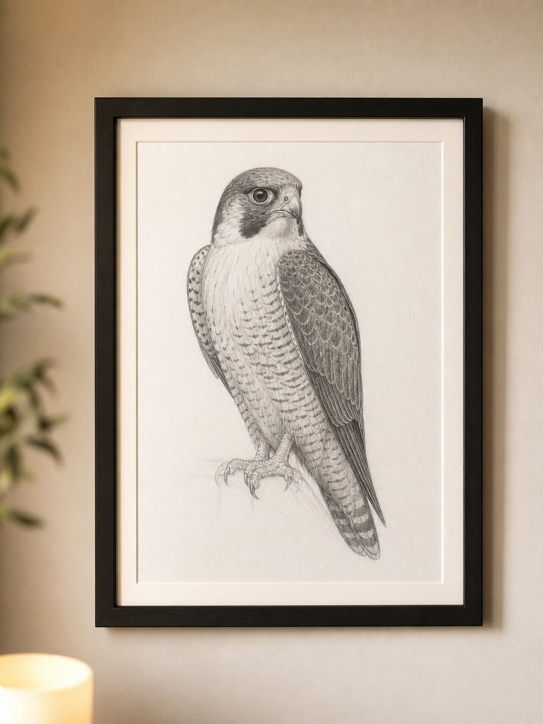 Finished peregrine falcon graphite drawing displayed in a simple black frame.