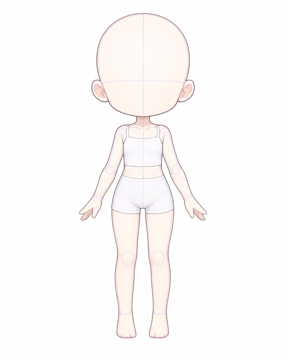 Gacha art base - standing front Front-facing cartoon bald humanoid doll template wearing a white sports bra and shorts, with visible construction guide lines. | Sky Rye Design front view gacha art base with simple chibi proportions