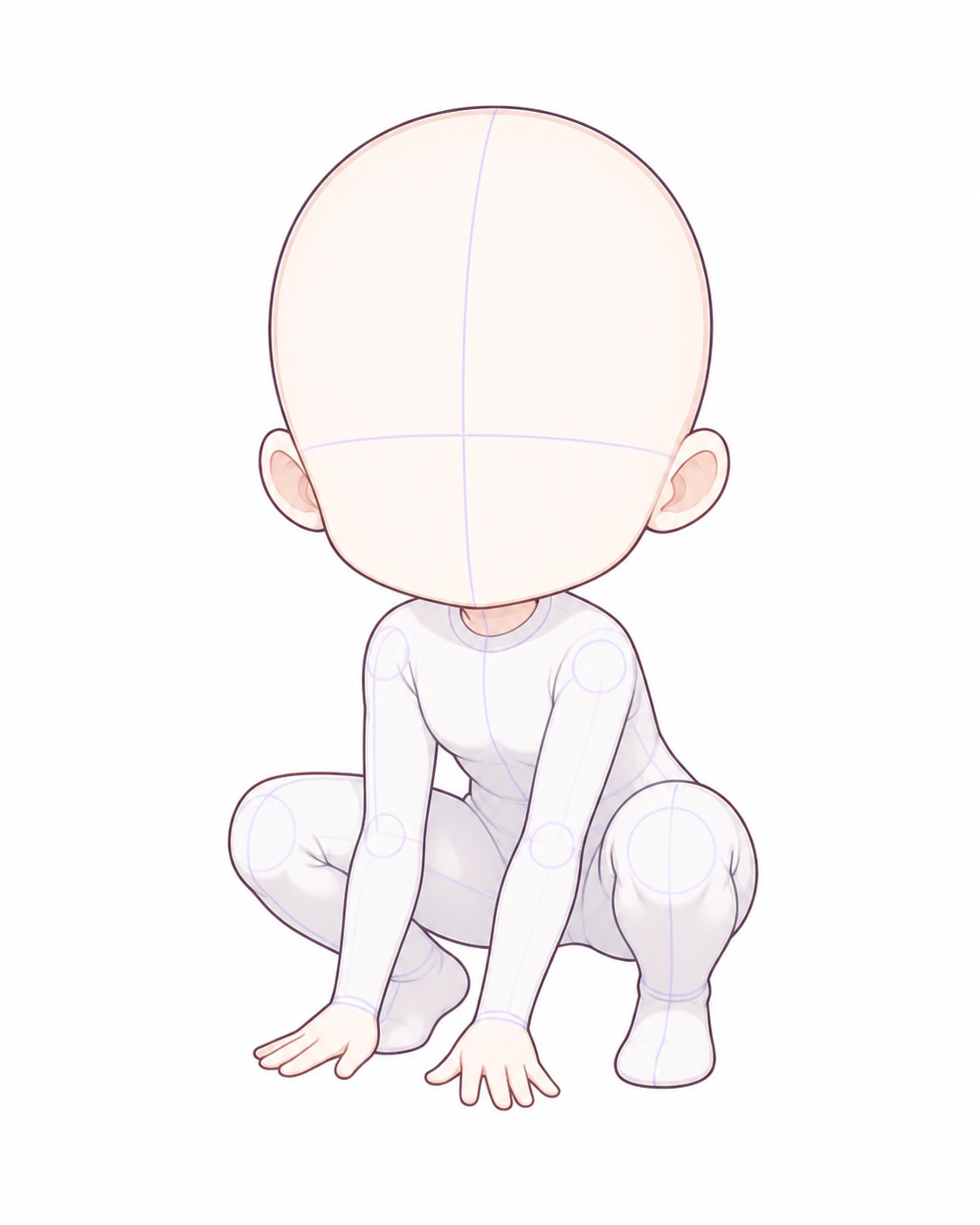 Gacha art base - crouching balance Cartoon bald chibi figure crouching on the floor in a white bodysuit. | Sky Rye Design crouching gacha art base for balanced pose studies