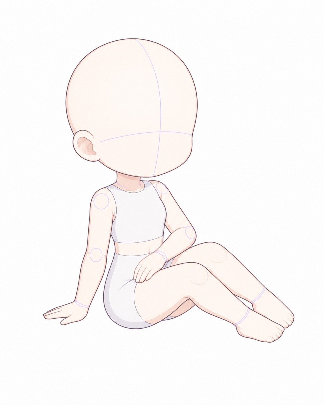 Gacha art base - seated side view Cartoon baby doll sitting with a blank head and light clothing; blue construction lines show head and joint proportions. | Sky Rye Design side seated gacha base reference for pose layout