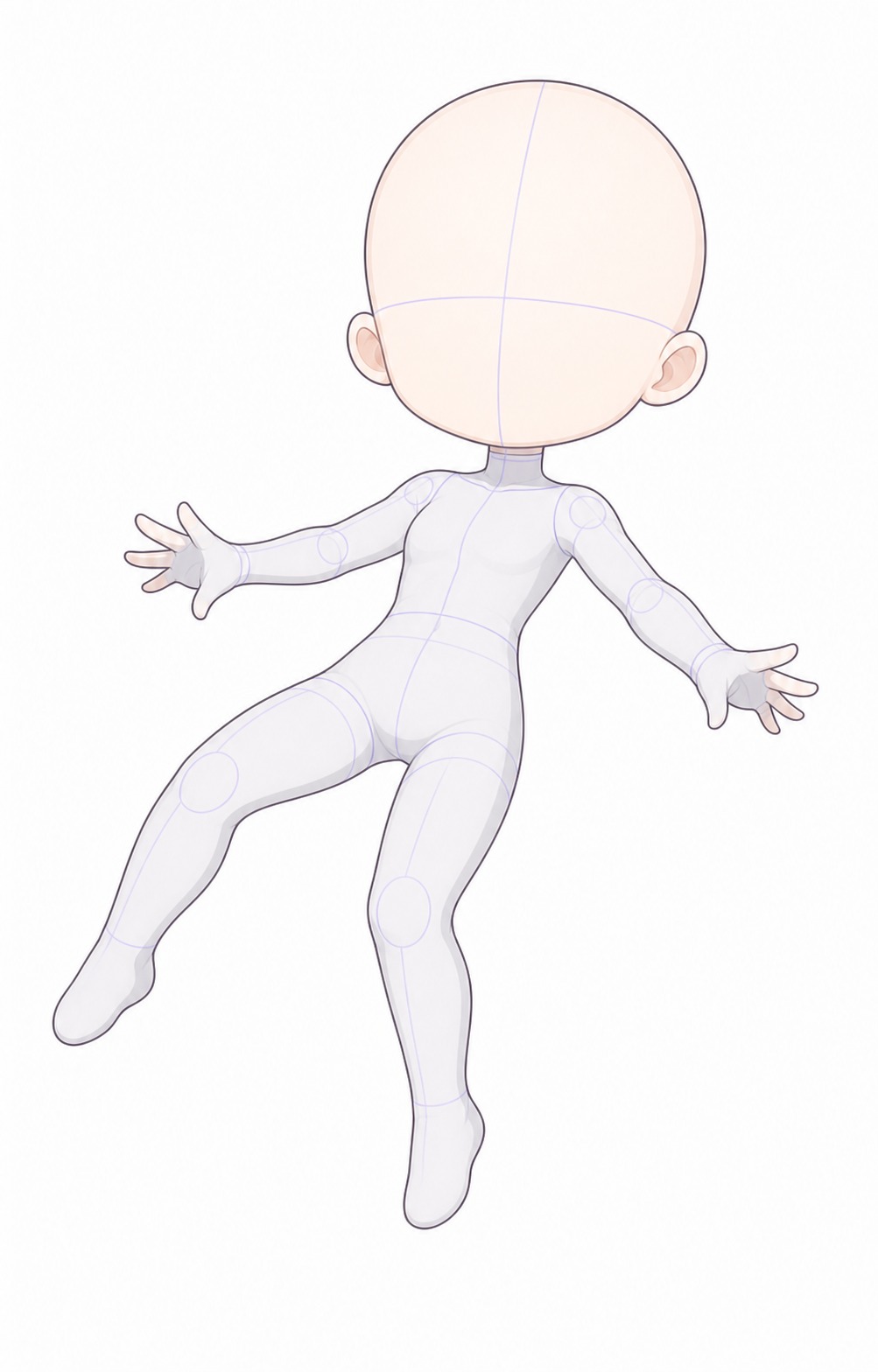 Gacha art base - floating drift Cartoon, bald humanoid mannequin in a white bodysuit with blue construction lines, arms extended in a dynamic pose. | Sky Rye Design floating gacha art base for soft action poses