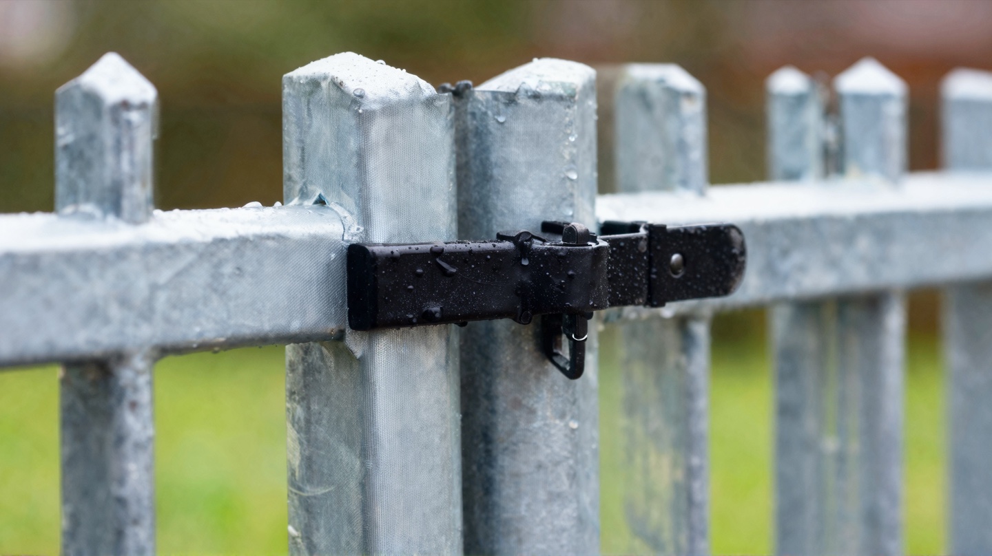 Galvanized metal fence lock and gate detail Close-up of a black latch securing a galvanized metal fence gate, with water droplets on the latch. | Sky Rye Design Close-up of a galvanized metal fence with a lockable black gate latch after rain