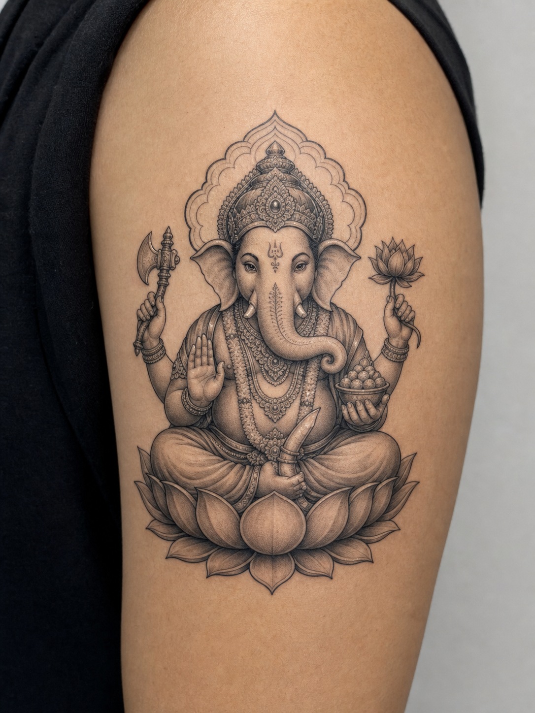 Detailed Ganesha tattoo with lotus, broken tusk, and black and grey devotional linework.