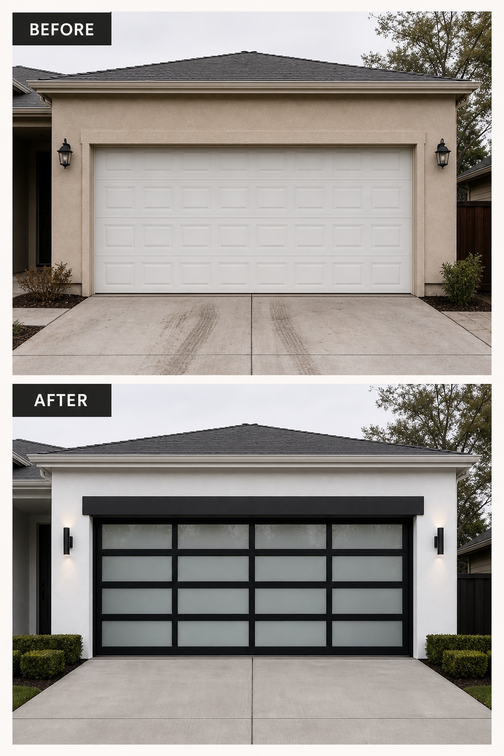 Before and after garage facade showing an old raised-panel door replaced by a black-framed glass garage door with new lighting and planting.