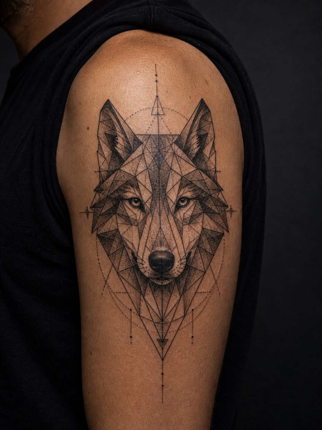 Geometric wolf face tattoo with angular linework on an upper arm.