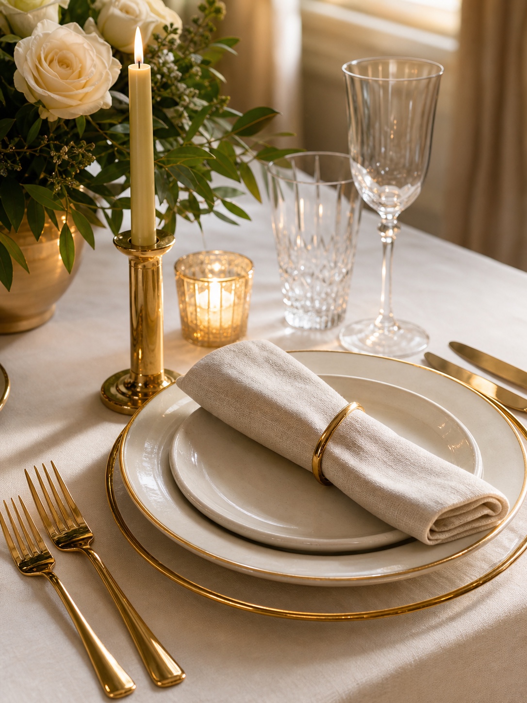 Gold flatware, charger rim, candleholder, and napkin ring arranged on a formal white wedding table.